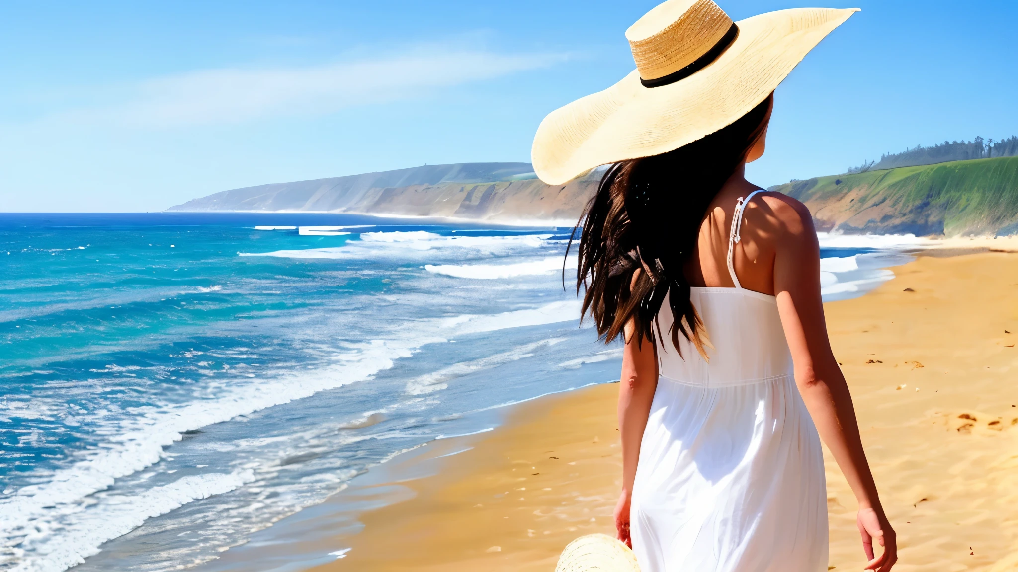 Hawaiian Coast、One Woman、A woman is walking along the shore、Straw hat、White dress、detailed、sunshine、Bright atmosphere
