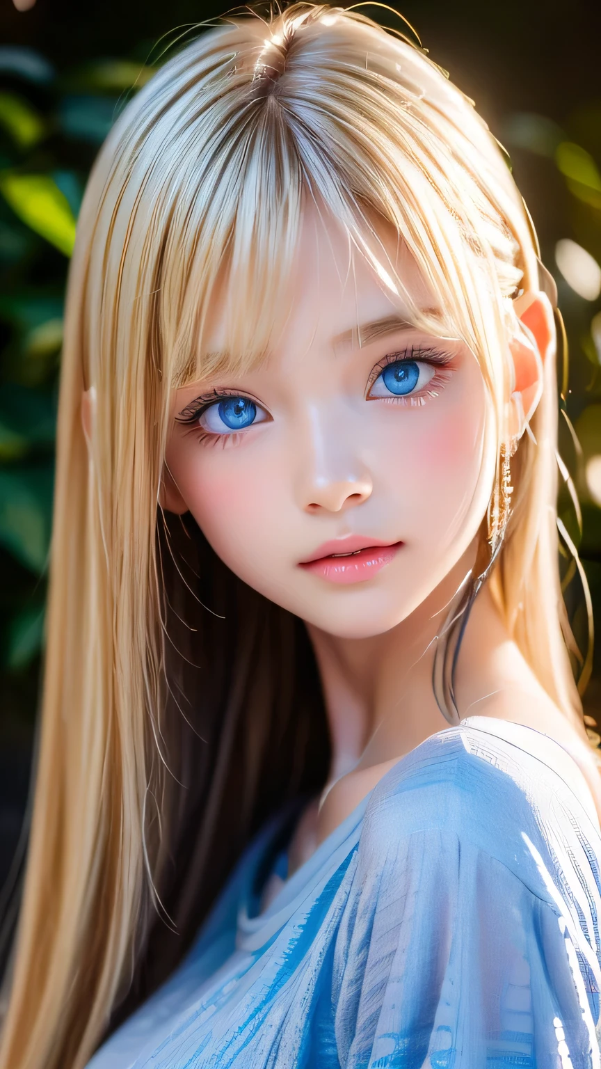 Dressed、(Photorealistic:1.4)、(Hyper-realistic:1.4)、(Realistic:1.3)、(Smooth lighting:1.05)、(Improved cinematic lighting quality:0.9)、32K、1 Girl、Very cute expression、A beautiful 16 year old blonde girl、Realistic top lighting、Backlight、Face Light、super long platinum blonde silky hair、、Beautiful bangs、bangs over eyes、Ray tracing、(Bright light:1.2)、(quality improvement:1.4)、(Highest quality realistic textured skin:1.4)、Very beautiful detailed large shining light blue eyes、Very big eyes、Detailed face、A careful eye for quality、(Tired, sleepy and satisfied: 0.0)、Face close up、T-Shirts、(Enhances the body line:1.1)、(Enhances the beauty of skin texture:1.1)、Cheek gloss highlight、Small Face Beauty、Round face