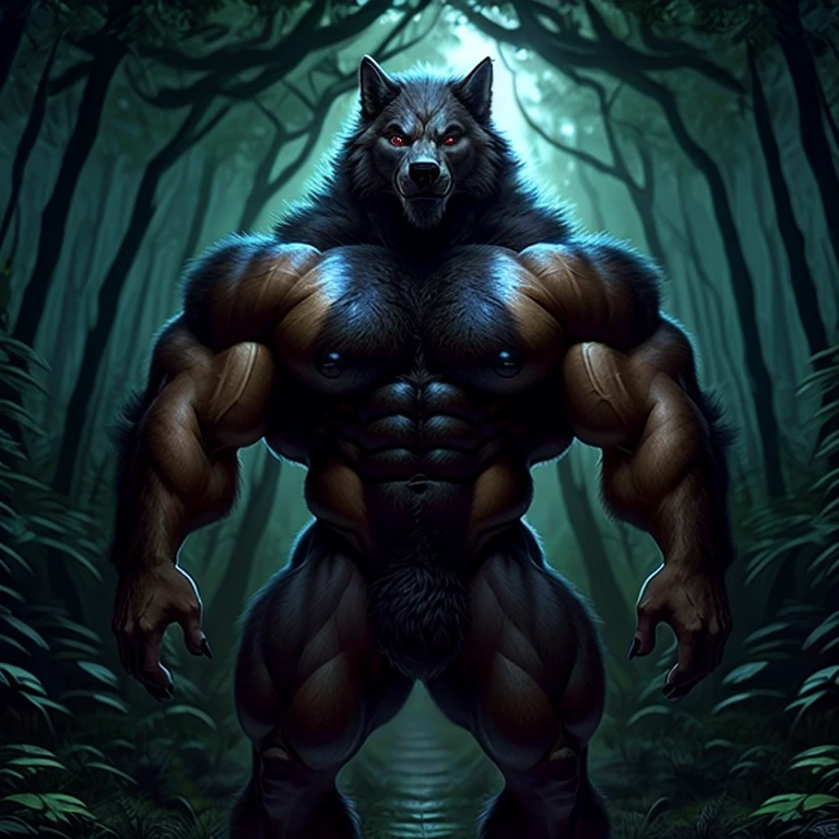 Make a furry werewolf body covered in black fur, com listras vermelhos com pupilas de um lobo comum com a cor vermelha sem brilhar, com musculos super enormes, pernas musculosas, muscular arms with defined abdomen and large chest well detailed and hottest inside a forest at night doing attractive bodybuilder pose from the side showing the muscles with an attractive look looking at the viewer, totally now, full HD alta qualidade, Lua cheia