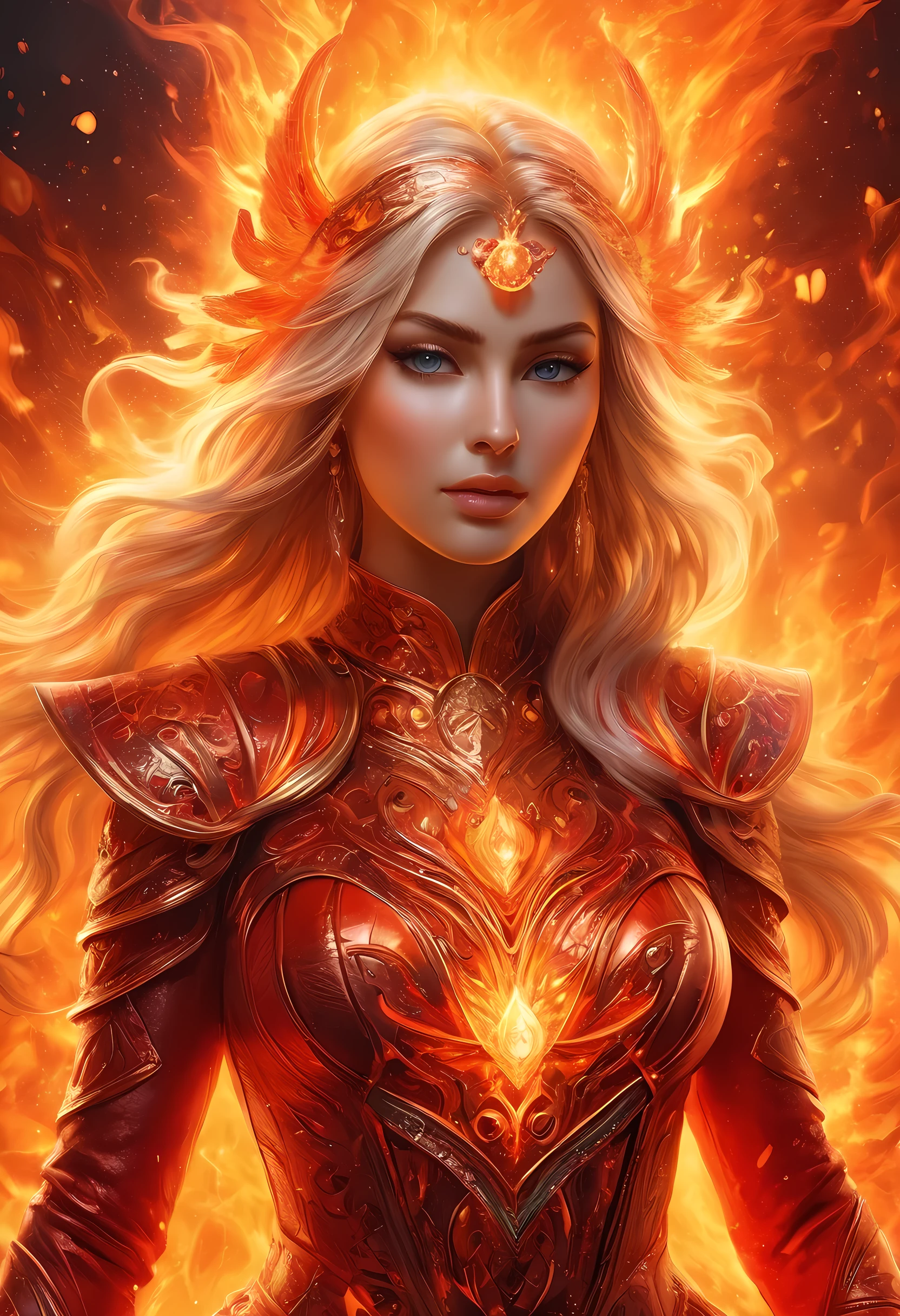 high details, best quality, 16k, [ultra detailed], masterpiece, best quality, (extremely detailed), full body, ultra wide shot, photorealistic, fantasy art, dnd art, rpg art, realistic art, an ultra wide picture of a female human (intricate details, Masterpiece, best quality: 1.5) goddess of fire  ((fiery radiant aura)), controlling a swirling red fire, fiery red radiant magic (1.5 intricate details, Masterpiece, best quality), manipulating purple radiant magical symbols, [[divine symbols]] (intricate details, Masterpiece, best quality: 1.5), human female, blond hair, long hair with aura, hair with red radiant eyes, intense eyes, ((radiant eyes)), (( red glowing eyes)), dynamic clothing, fantasy volcano back ground, stresms of lava,  celestial  background, ((divine worship atmosphere)), high details, best quality, highres, ultra wide angle, faize, 
