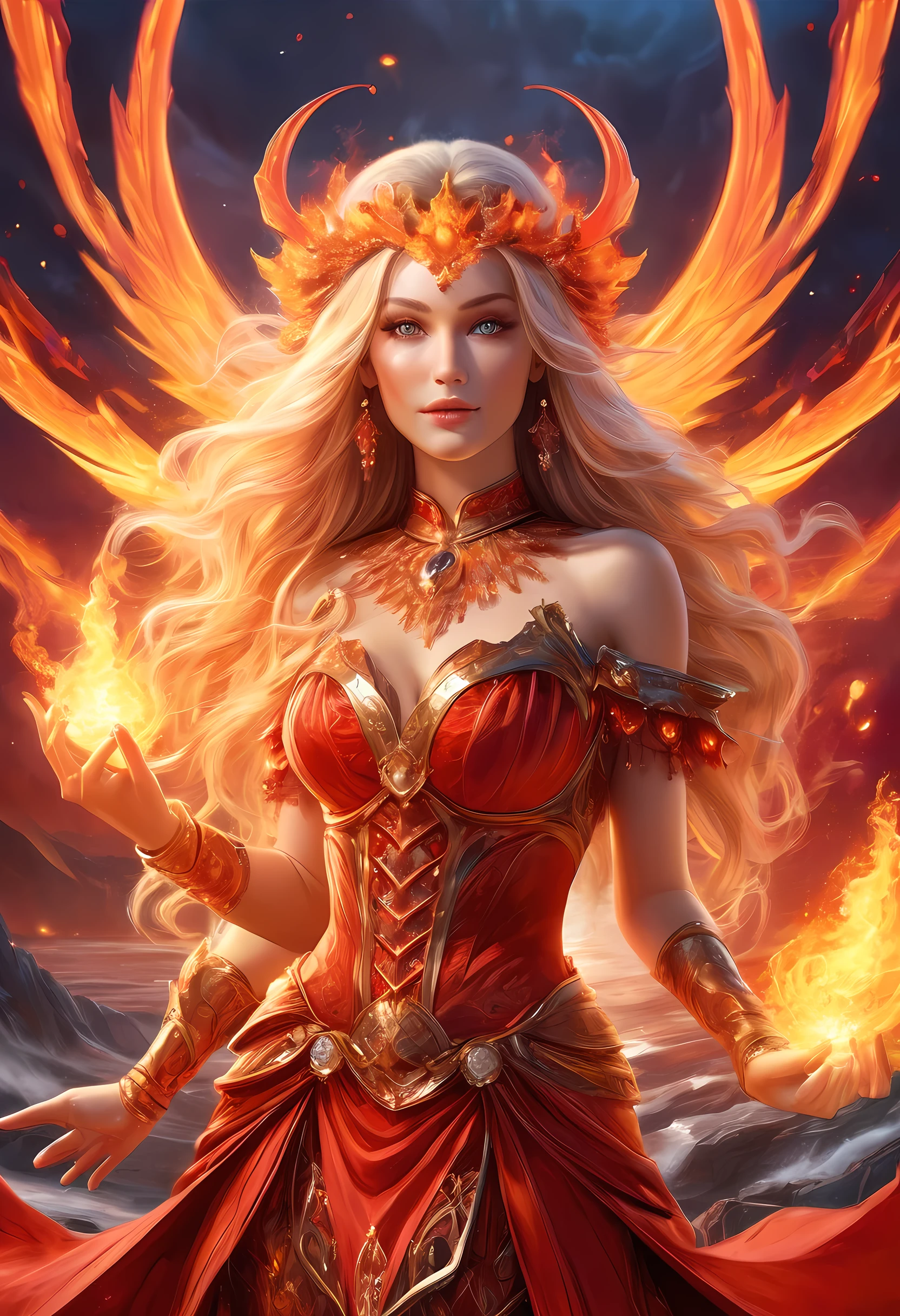 high details, best quality, 16k, [ultra detailed], masterpiece, best quality, (extremely detailed), full body, ultra wide shot, photorealistic, fantasy art, dnd art, rpg art, realistic art, an ultra wide picture of a female human (intricate details, Masterpiece, best quality: 1.5) goddess of fire  ((fiery radiant aura)), controlling a swirling red fire, fiery red radiant magic (1.5 intricate details, Masterpiece, best quality), manipulating purple radiant magical symbols, [[divine symbols]] (intricate details, Masterpiece, best quality: 1.5), human female, blond hair, long hair with aura, hair with red radiant eyes, intense eyes, ((radiant eyes)), (( red glowing eyes)), dynamic clothing, fantasy volcano back ground, stresms of lava,  celestial  background, ((divine worship atmosphere)), high details, best quality, highres, ultra wide angle, faize, 
