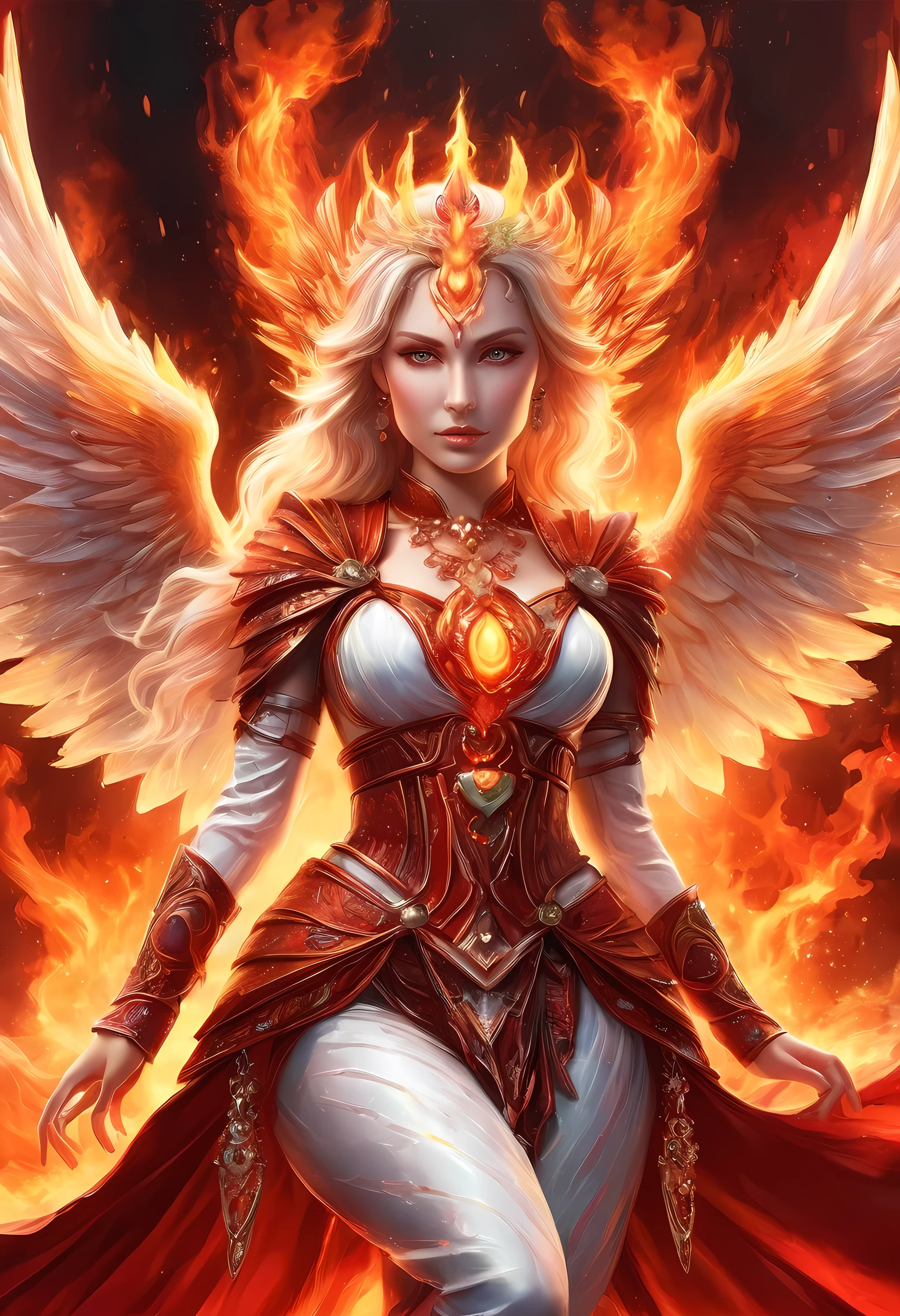 high details, best quality, 16k, [ultra detailed], masterpiece, best quality, (extremely detailed), full body, ultra wide shot, photorealistic, fantasy art, dnd art, rpg art, realistic art, an ultra wide picture of a female human (intricate details, Masterpiece, best quality: 1.5) goddess of fire  ((fiery radiant aura)), controlling a swirling red fire, fiery red radiant magic (1.5 intricate details, Masterpiece, best quality), manipulating purple radiant magical symbols, [[divine symbols]] (intricate details, Masterpiece, best quality: 1.5), human female, blond hair, long hair with aura, hair with red radiant eyes, intense eyes, ((radiant eyes)), (( red glowing eyes)), dynamic clothing, fantasy volcano back ground, stresms of lava,  celestial  background, ((divine worship atmosphere)), high details, best quality, highres, ultra wide angle, faize, 
