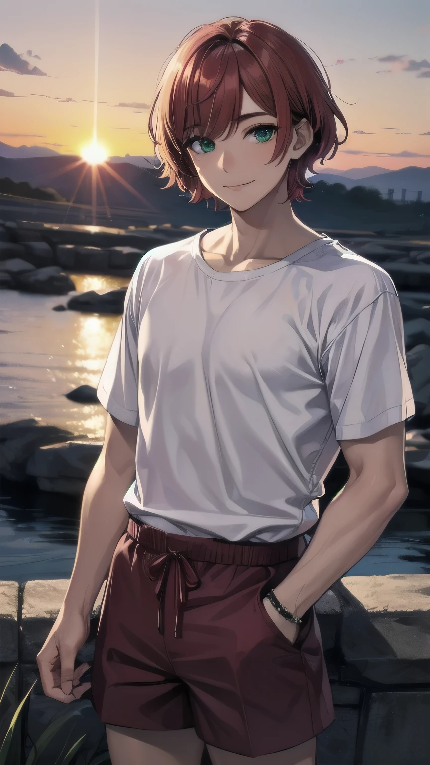 (masterpiece), ((sfw)), best quality, expressive eyes, perfect face, mature male, tanned, dark skinned male, (1boy, adult Man, young adult, young man), solo, red hair BREAK bob cut, green eyes BREAK male sweamwear, red shorts BREAK looking at viewer, smile, closed mouth, sunset sky, outdoors, coast, grass, landscape, ((sfw))