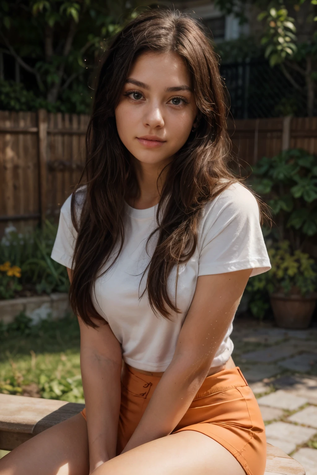 (realistic, highres:1.2, ultra-detailed), a 19-year-old girl with long and black hair, deep brown eyes that captivate the viewer's attention. Her eyes are mesmerizing and full of life, with long and thick lashes that enhance their beauty. Soft smile. Orange Sportsleggins, White tshirt, Sitting on the bench in garden