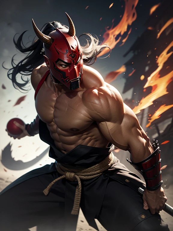 a man with a sword and a red ball, demon samurai, villain wearing a red oni mask, demon samurai warrior, inspired by Gatōken Shunshi, inspired by Kanō Hōgai, artgerm greg rutkowski _ greg, inspired by Tōshūsai Sharaku, artgerm craig mullins