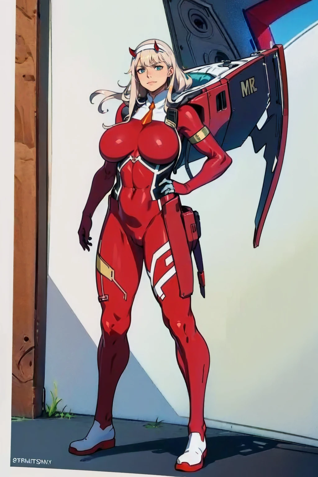 masterpiece, best quality, IncrsLowTier, electricity, glowing eyes zerotwo horns, hairband, necktie, red dress, pantyhose horns, hairband, red bodysuit, armlet, mecha horns, hairband, white bodysuit, white gloves, cap, red dress, white gloves, jacket on shoulders, pantyhose, cyber_armor body_suit,huge_breast, tall female, fulll body, sun light, smile,, sun aura,, boots, standing, smile, lips, red lips,,,{best quality}, {amazing quality} {best quality},{amazing quality},, {absurdres},{{highres}}, {very aesthetic}, {detailed}, curvy, tall, huge breast, character focus, white background,full-length portrait,, huge hips, huge muscles, huge thighs, curvaceous, venus figure,full body, full portrait