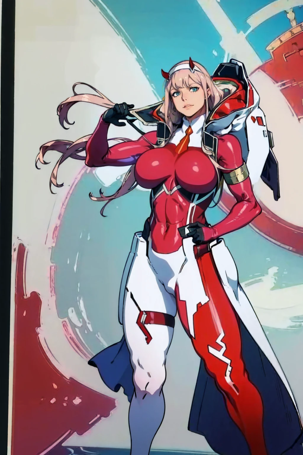 masterpiece, best quality, IncrsLowTier, electricity, glowing eyes zerotwo horns, hairband, necktie, red dress, pantyhose horns, hairband, red bodysuit, armlet, mecha horns, hairband, white bodysuit, white gloves, cap, red dress, white gloves, jacket on shoulders, pantyhose, cyber_armor body_suit,huge_breast, tall female, fulll body, sun light, smile,, sun aura,, boots, standing, smile, lips, red lips,,,{best quality}, {amazing quality} {best quality},{amazing quality},, {absurdres},{{highres}}, {very aesthetic}, {detailed}, curvy, tall, huge breast, character focus, white background,full-length portrait,, huge hips, huge muscles, huge thighs, curvaceous, venus figure,full body, full portrait