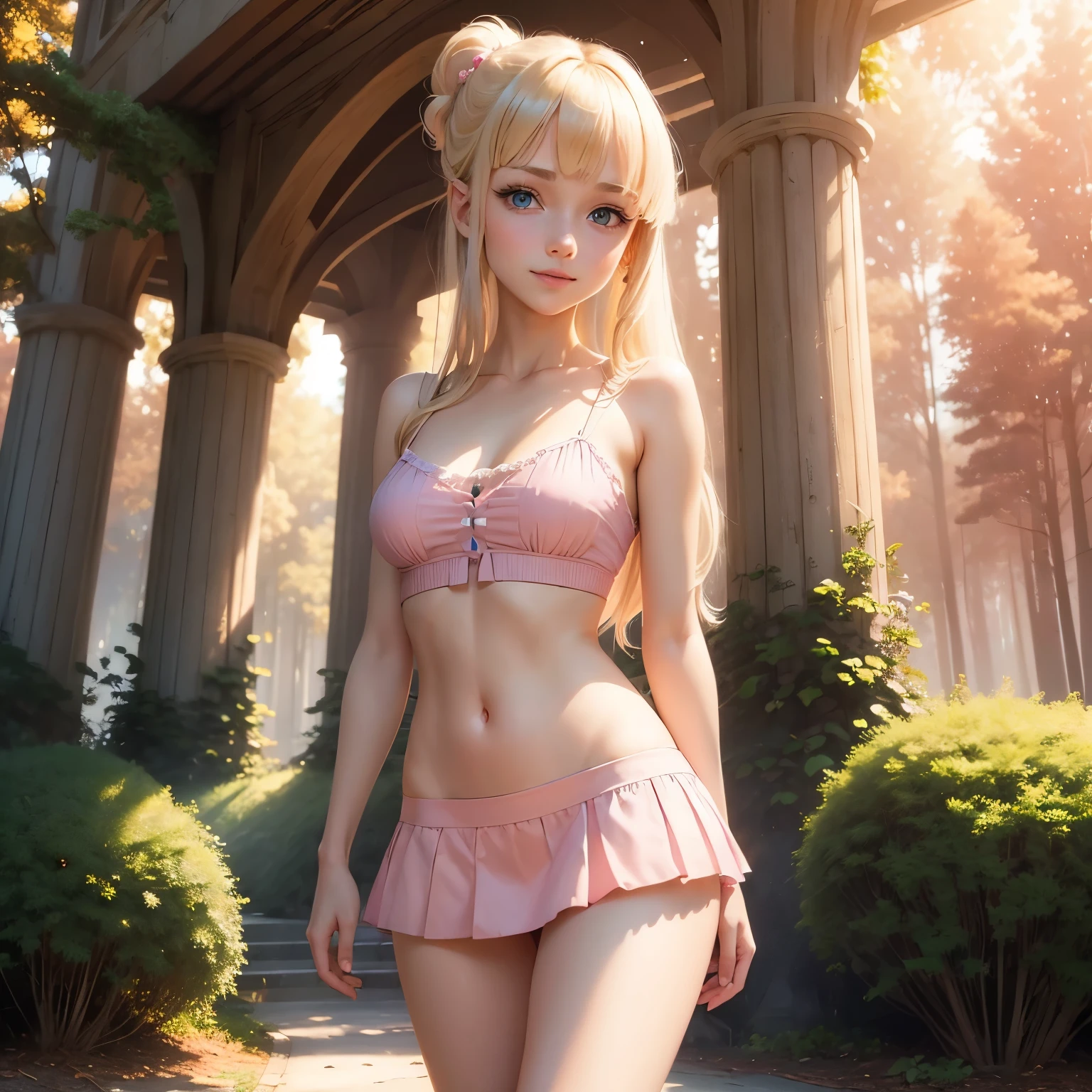 (masterpiece, best quality:1.4), (8K), Young blonde beauty, (((18 years old, neat girl))), detailed blue eyes, long eyelashes, blush, kind smile, horny, upper body, short top, pink skirt, small ass, slender thin legs, (looking at viewer), (close up), beautiful blonde hair, white-skinned, (bangs:1.3), ponytail, (medium size breasts), (mushroom forest, celestial forest, beautiful and magnificent pink sunshine, majestic sky), natural light, pastel colors)