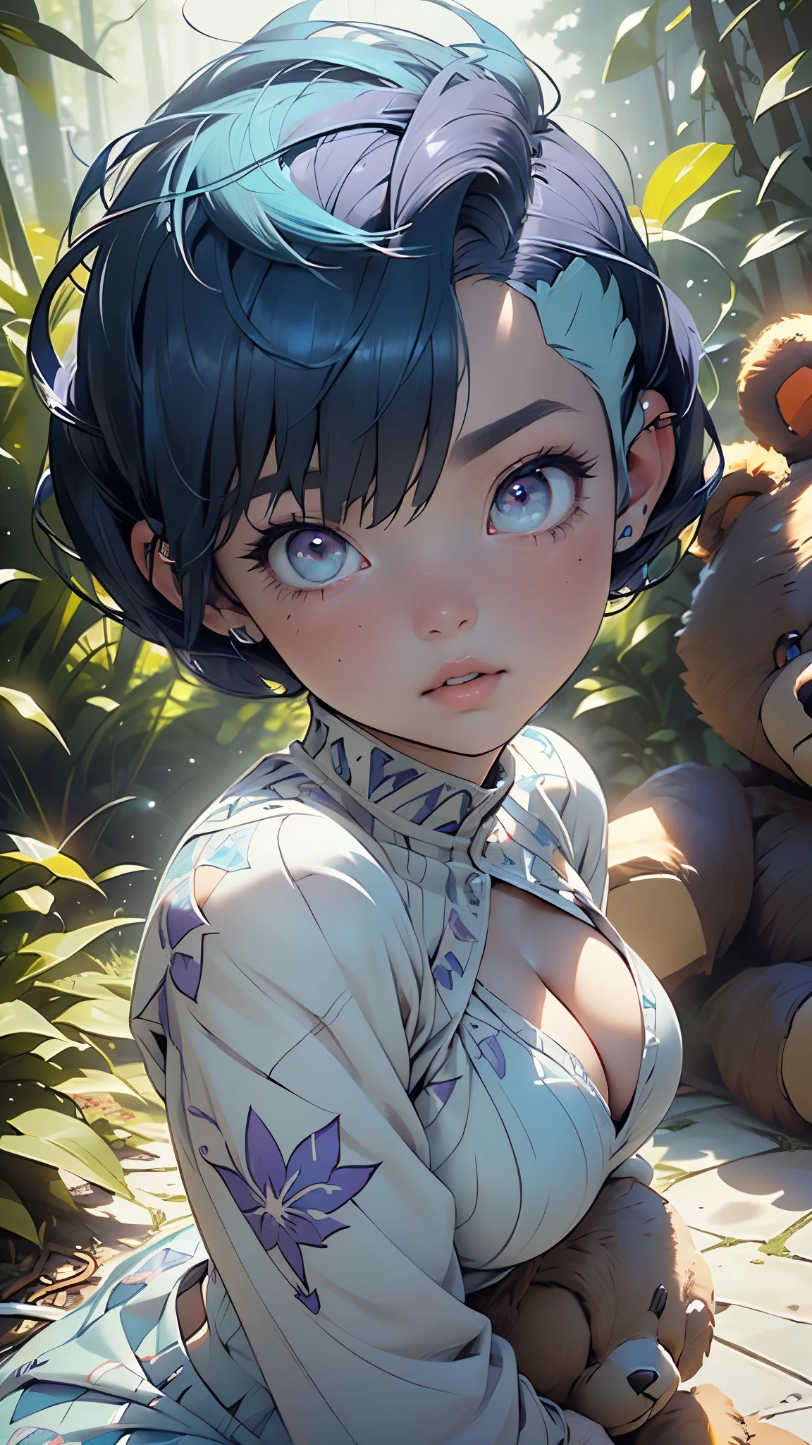 girl,1girl,((extremely cute and beautiful light blue haired girl)),((())),(large breasts:1.2),((((light blue hair:1.35,((short pixie cut Hair, undercut hair: 1.28),r),bright blue hair,iridescent colors blue and purple glowing colors,colored inner hair)))),((purple_eyes:1.5)),glowing eyes,intricate eyes,beautiful detailed eyes,symmetrical eyes,Big eyes:1.5,((fat)),(((lustrous skin:1.5,bright skin: 1.5,skin tanned,shiny skin,very shiny skin,shiny body,plastic glitter skin,exaggerated shiny skin,illuminated skin))),(spider lower abdomen,narrow waist,wide hip,athletic body,inflated legs,thick thighs,detailed body,(detailed face)),
cute,slutty,seductive,erotic,(nsfw),girlfriend, pretty,
zettai ryouiki,(wearing cozy pijamas:1.5,blue pijamas),blushing, shyness, clavicle, abs,(((Show cleavage))),(((light blue outfit, light blue clothes,intricate outfit,intricate clothes))),((magic dust particles around him:1.5,hug a teddy bear:1.5)),
(dynamic pose:1.0),drinking hot chocolate,(centered,scale to fit dimensions,Rule of thirds),
((pine forest)),scenery:1.25,((intricate scenery)),((forest background)),
(Glossy winter ornaments),highres,sharp focus,(ultra detailed,extremely detailed),(photorealistic artwork:1.37),(extremely detailed CG unity 8k wallpaper),(((vibrant colors,vibrant theme))),(intricate),(masterpiece),(best quality),artistic photography,(photography taken by sldr),(intricate background),perfect rendered face,perfect face details,realistic face,photo realistic,((intricate detail)),(((realism))),