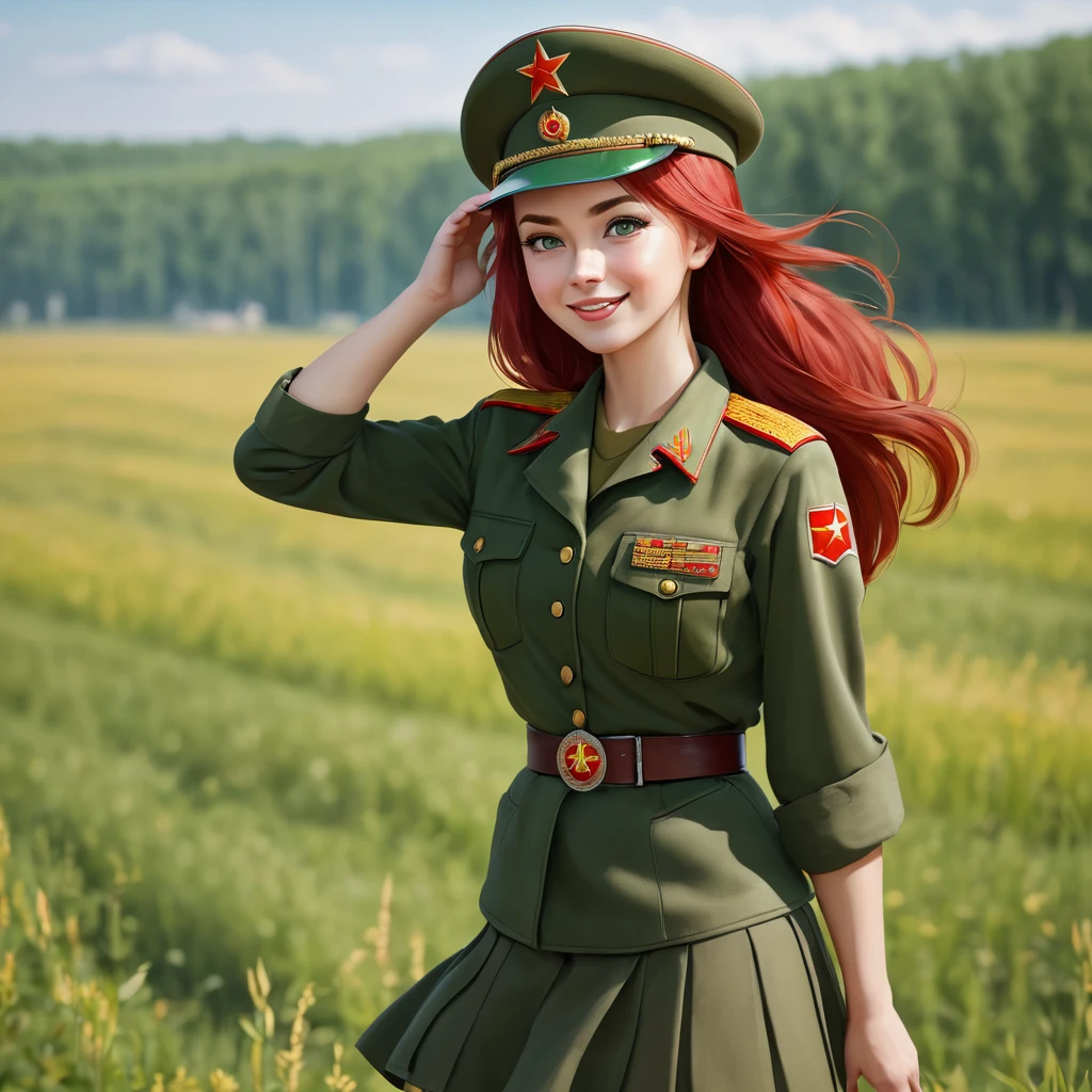 1 girl, One, Soviet Military Uniform, dynamic pose, Best quality, high quality, a high resolution, masterpiece, I look at the viewer, facing the viewer,, source_аниме BREAK 1girl, One,Soviet Military Uniform, soviet cap, belt, Red hair, hair down, Look at the viewer, emotions, smiling, skirt, green eyes, standing on the field