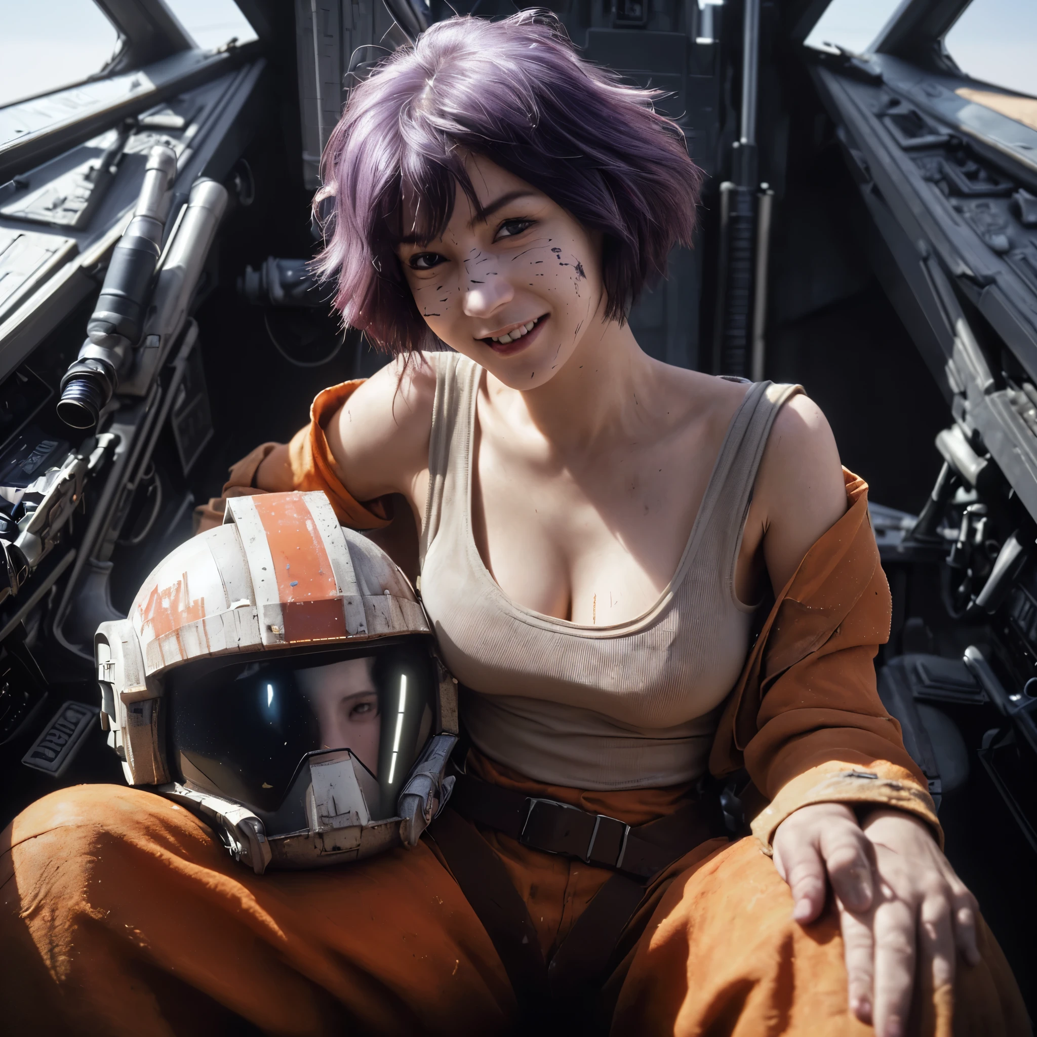 ((very sharp photo result & detailed face)) (((textile shading))), (((Best Quality))), (((masterpiece))), (((hyper realistic photo))) movie scene, cinematic, backlight dramatic shade photography, full body profile, sassy japanese girl, short spiky violet hair, heads up pale skin, smile, wear faded dirty white tanktop with opened pilot orange jumpsuit, big breast, nipple shown transparently thru clothes, cool posing hold helmet,dirty face & clothes with dust in wide dessert, posing on cockpit of her X-wing jet fighter, UHD 8k