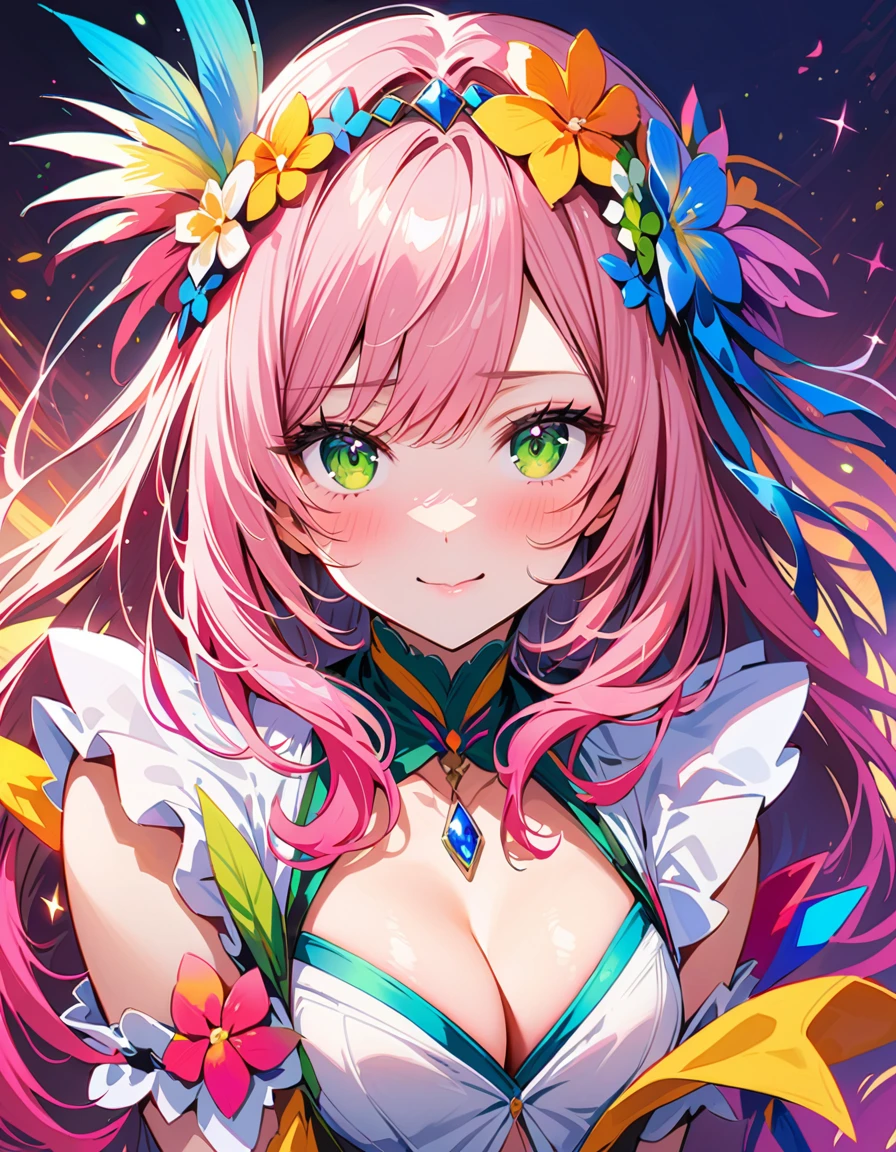 (((upper body portrait of the most beautiful girl in the world))), navel, unbuttoned shirt, cleavage, ((cute expression)), the most unparalleled (masterpiece) ever, super realistic 8K , perfect artwork、Fresh fashion for American s、(((Sexy))) and colorful、shockingpink、((a white miniskirt))、frilld、seductive fashion、A detailed face、face perfect、perfect eyes、high-detail, , long hair, hair flower, bangs, hahari hanazono, (green eyes:1.2), pink hair, flower
