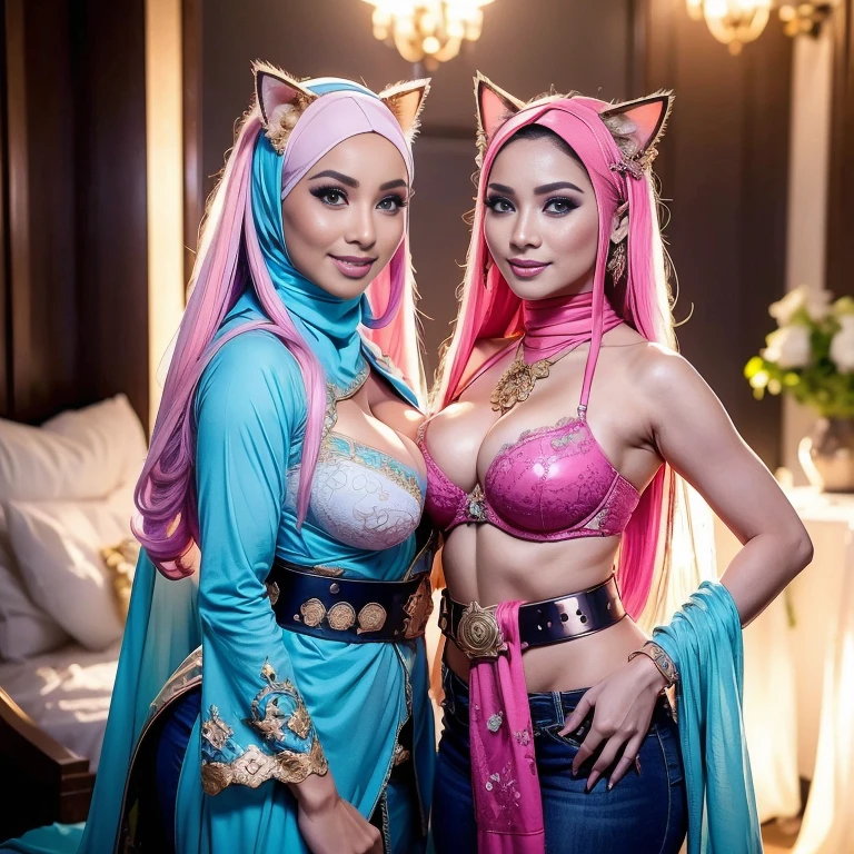 (((Back Ground setting: morning time, smiling, happy, bright sunshine, beach, blurred background, bokeh,realistic, ultra-detailed,))) Beautiful and gorgeous Hijab Malay sexy body, big breast, malay, The whole body consists of a young girl with hijab Kimono, Eye makeup, 38 year old, Cat ears, Soft lighting, groups, Wear shabby clothes, Dirty, Tattered futuristic military uniform, Cat's paw badge, Pose, spot color, rendering by octane, Ultra-realistic intricate details, big breasts, big breasts, big breasts, two MAPAY women in lingerie posing for a picture in a room, oppai, posing together in bra, MIRA FILZAH and IMAN TAYORE, red bra, all red, oppai proportions, sexy :8k, 4 k, big breasts!, bottom angle, big breasts!!, Malay beauties, biomechanical oppai, fujita goro and jones, thicc, wearing hijab, hijab star, hijab gorgeous, hijab super model, Malaysian girls group,malay, The whole body consists of a young girl with hijab, Eye makeup, 21yo, Cat ears, Soft lighting, group, Wear shabby clothes, Dirty, Tattered futuristic bikini, Cat's paw badge, Pose, spot color, rendering by octane, Ultra-realistic intricate details, Cinematic, 8K resolution, 70mm, emphasis lighting, Global illumination, (((wearing a Sexy belt design by LV))) Surreal full-body figure, Beautiful and delicate body and face, gorgeous figure, ssmile, Titillating,Surreal full-body figure,Beautiful and detailed body and face, Super vista, White skin of the, vivd colour,🔥8k, (masterpiece), (((highest quality)), (super detailed), 2 girls, (iridescent hair, colorful hair, half blue and half pink hair: 1.2), 38 years old, (Gorgeous Malay Girls: 1.2), outdoor, bangs, smile, sky blue eyes, perfect hands, perfect hands, hand details, corrected fingers. Earrings, Night Store + Background, looking_at_viewer, Cowboy Shot, Top Quality, Rich Detail, Perfect Image Quality, big breasts, slender body