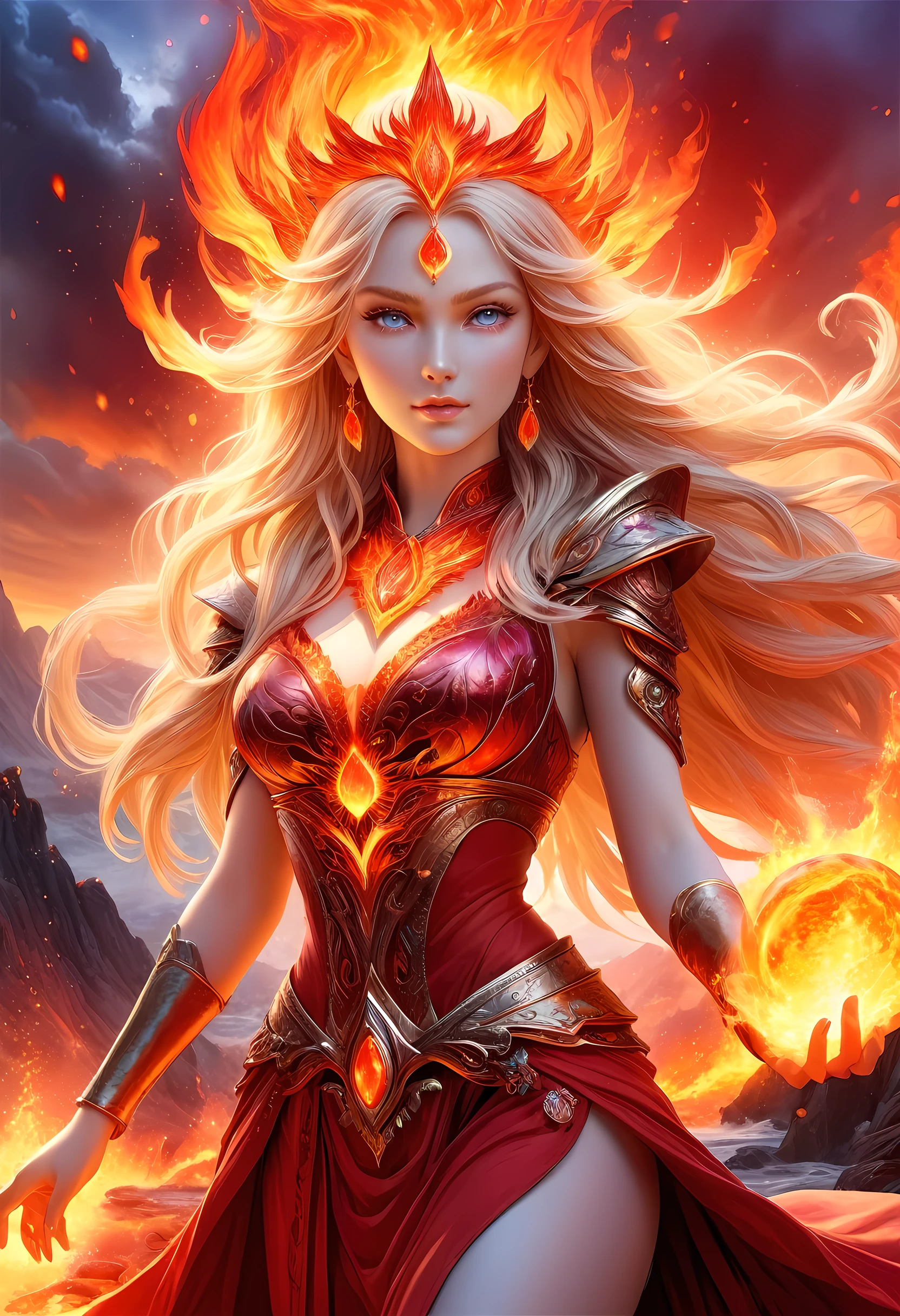 high details, best quality, 16k, [ultra detailed], masterpiece, best quality, (extremely detailed), full body, ultra wide shot, photorealistic, fantasy art, dnd art, rpg art, realistic art, an ultra wide picture of a female human (intricate details, Masterpiece, best quality: 1.5) goddess of fire  ((fiery radiant aura)), controlling a swirling red fire, fiery red radiant magic (1.5 intricate details, Masterpiece, best quality), manipulating purple radiant magical symbols, [[divine symbols]] (intricate details, Masterpiece, best quality: 1.5), human female, blond hair, long hair with aura, hair with red radiant eyes, intense eyes, ((radiant eyes)), (( red glowing eyes)), dynamic clothing, fantasy volcano back ground, stresms of lava,  celestial  background, ((divine worship atmosphere)), high details, best quality, highres, ultra wide angle, faize, 
