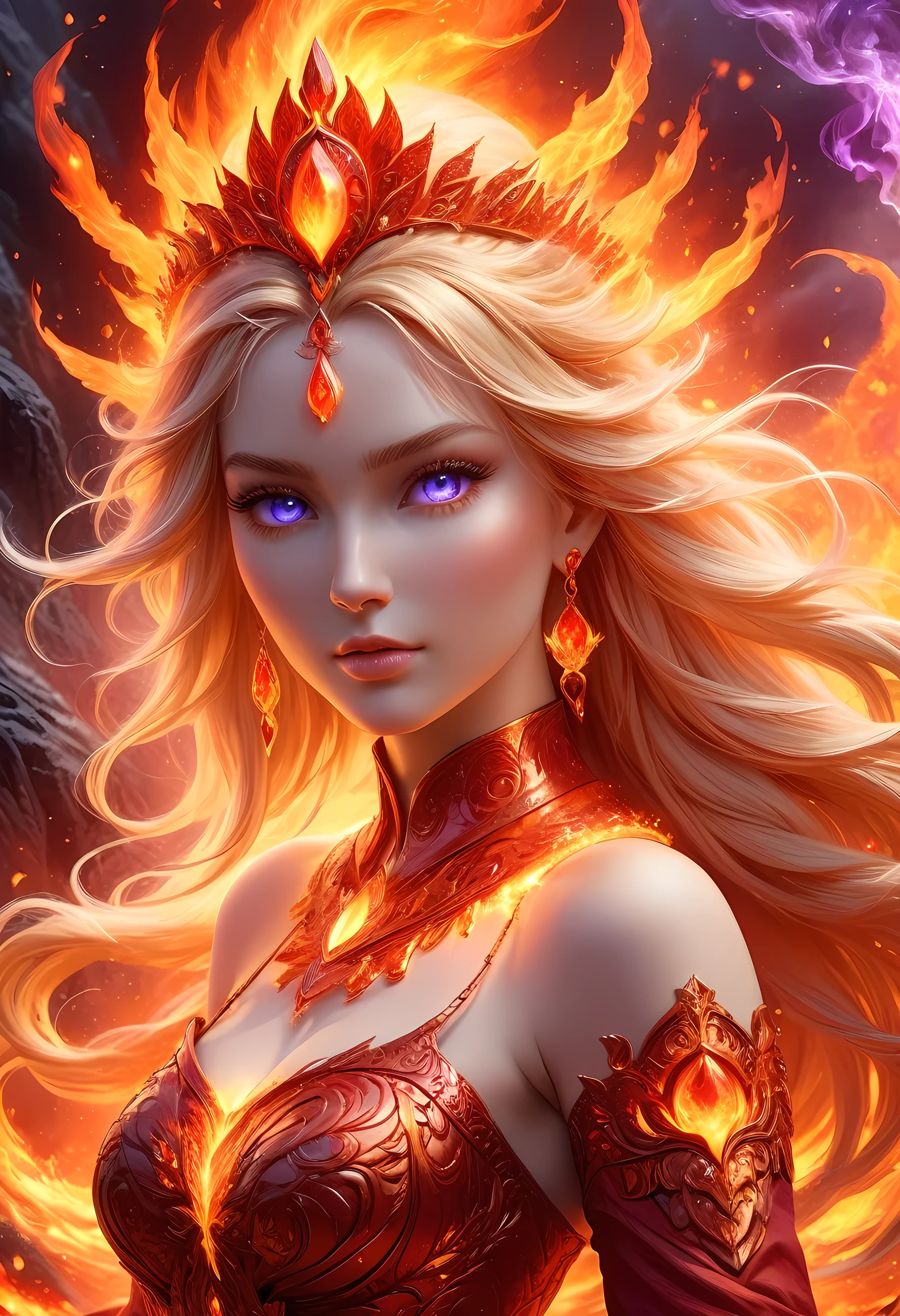 high details, best quality, 16k, [ultra detailed], masterpiece, best quality, (extremely detailed), full body, ultra wide shot, photorealistic, fantasy art, dnd art, rpg art, realistic art, an ultra wide picture of a female human (intricate details, Masterpiece, best quality: 1.5) goddess of fire  ((fiery radiant aura)), controlling a swirling red fire, fiery red radiant magic (1.5 intricate details, Masterpiece, best quality), manipulating purple radiant magical symbols, [[divine symbols]] (intricate details, Masterpiece, best quality: 1.5), human female, blond hair, long hair with aura, hair with red radiant eyes, intense eyes, ((radiant eyes)), (( red glowing eyes)), dynamic clothing, fantasy volcano back ground, stresms of lava,  celestial  background, ((divine worship atmosphere)), high details, best quality, highres, ultra wide angle, faize, 
