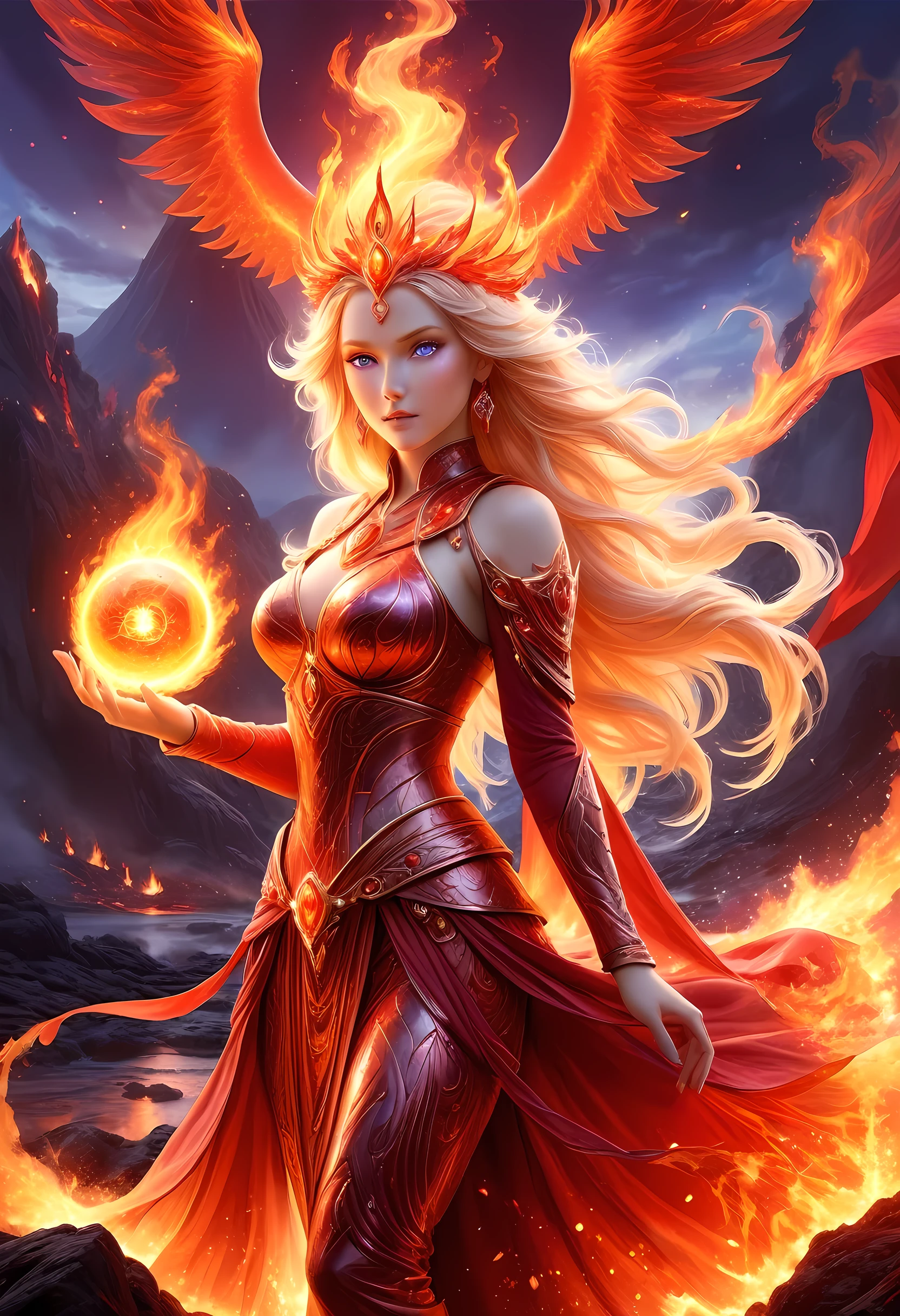 high details, best quality, 16k, [ultra detailed], masterpiece, best quality, (extremely detailed), full body, ultra wide shot, photorealistic, fantasy art, dnd art, rpg art, realistic art, an ultra wide picture of a female human (intricate details, Masterpiece, best quality: 1.5) goddess of fire  ((fiery radiant aura)), controlling a swirling red fire, fiery red radiant magic (1.5 intricate details, Masterpiece, best quality), manipulating purple radiant magical symbols, [[divine symbols]] (intricate details, Masterpiece, best quality: 1.5), human female, blond hair, long hair with aura, hair with red radiant eyes, intense eyes, ((radiant eyes)), (( red glowing eyes)), dynamic clothing, fantasy volcano back ground, stresms of lava,  celestial  background, ((divine worship atmosphere)), high details, best quality, highres, ultra wide angle, faize, 
