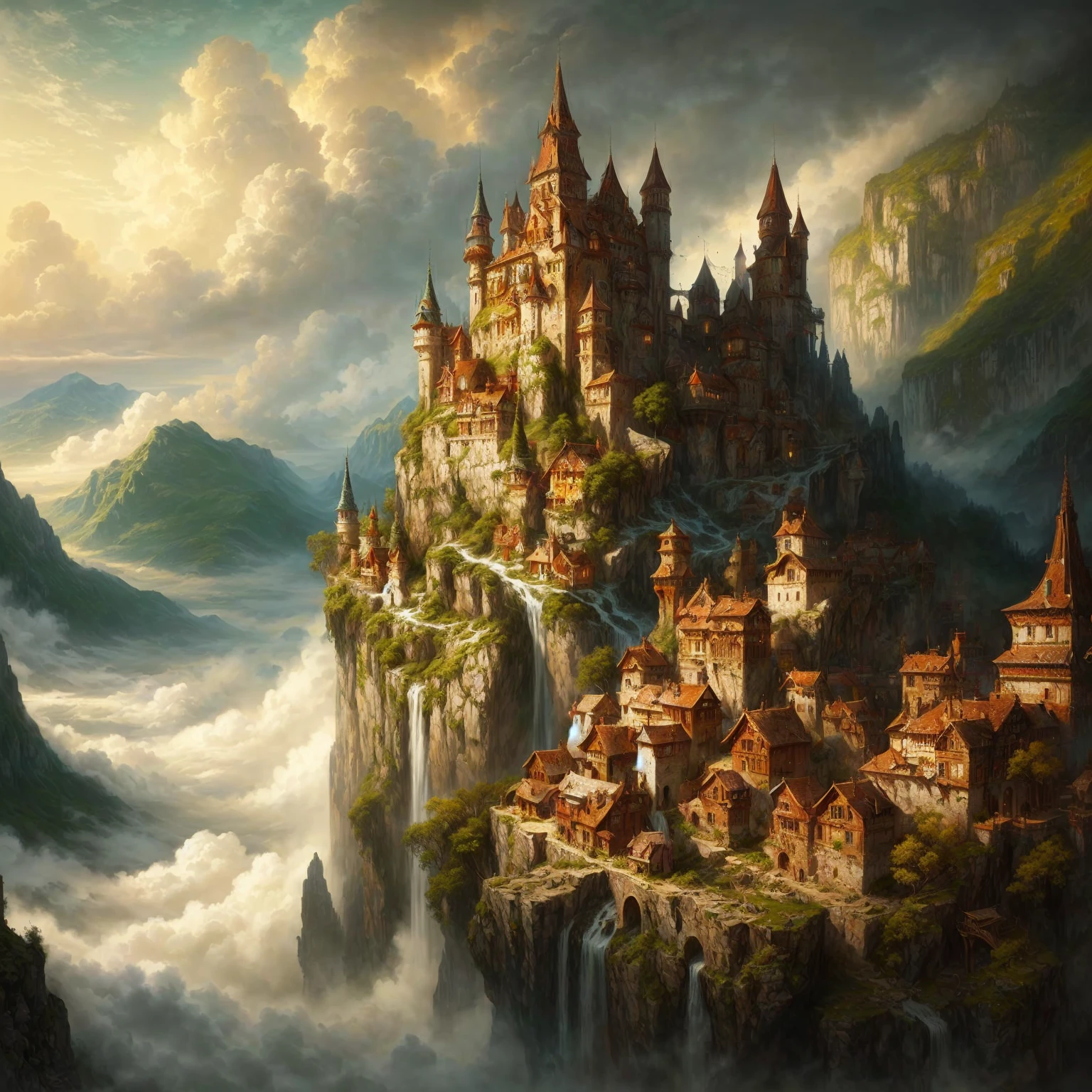 Painting of a castle on a mountain with a waterfall in the foreground, Fantasie hochdetailliert, highly Detaillierte Fantasy-Kunst, 4K-Fantasy-Kunst, atemberaubende Fantasy-Kunst, Detaillierte Fantasy-Kunst, Fantasie-Matte-Painting,Niedlich, High-Fantasy-Schloss, mittelalterliche Fantasy-Kunst, detaillierte Fantasie digitale Kunst, beautiful detailed fantasy, Fantasie-Matte-Painting, hochwertige Fantasy-Kunst, detailed matte fantasy painting