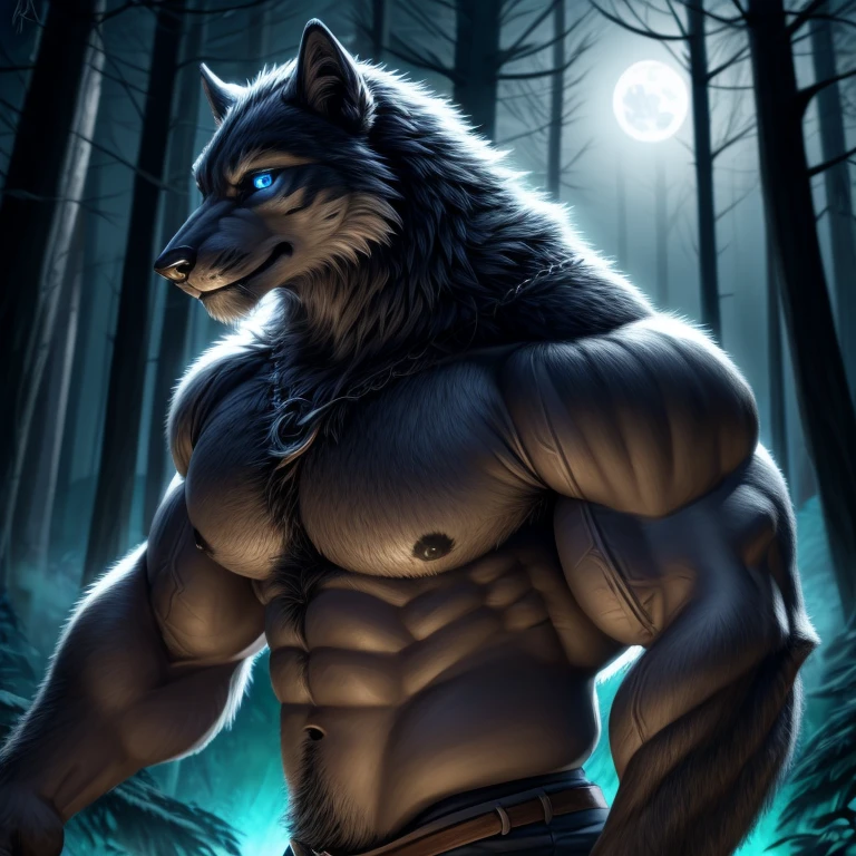 (Estilo arte realista 4K)Make a furry werewolf with completely black fur plus realistic furry hands with blue pupils of a common wolf without glowing, com musculos super enormes, pernas musculosas, muscular arms with defined abdomen and large chest well detailed and hottest inside a forest at night doing attractive bodybuilder pose from the side showing the muscles with an attractive look looking at the viewer, totally now, sem roupa, full HD alta qualidade, Lua cheia