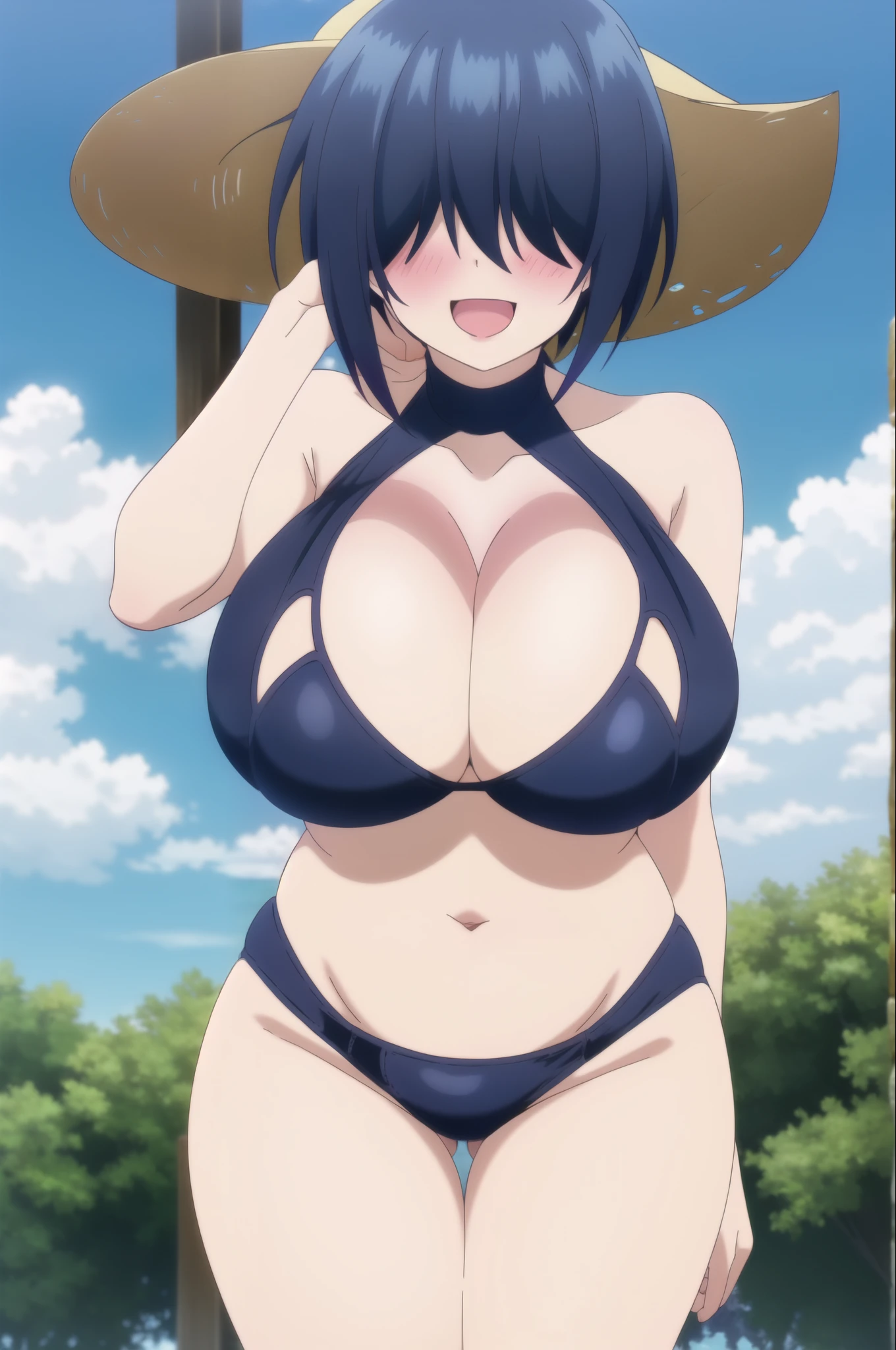 COWBOY SHOT, 1girl, breasts, ((black swimsuit)), bikini, (((HAIR OVER EYES))), solo, huge breasts, navel, blush, SHORT hair, open mouth, cleavage, outdoors, sky, looking at viewer, clothing cutout, day, smile, cloud, blue sky, hand on own face, cleavage cutout, black bikini, purple bikini, railing, BLUE hair, bare shoulders