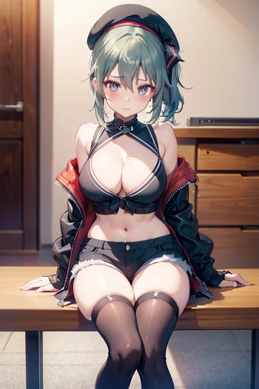 ubel,dark green hair,long hair,side ponytail,hair between eyes,bangs, BREAK (beret, black jacket, open clothes, cleavage, midriff, black shorts, black thighhighs, thigh strap, fingerless gloves, single glove:1.2), (double breasted,under bust:1.2),  sitting at a table, cute, anime visual of a cute girl, cute anime girl, eating cakes, young anime girl, guweiz, high quality anime artstyle, anime girl, artwork in the style of guweiz, beautiful anime girl, pretty anime girl, (anime girl), official artwork