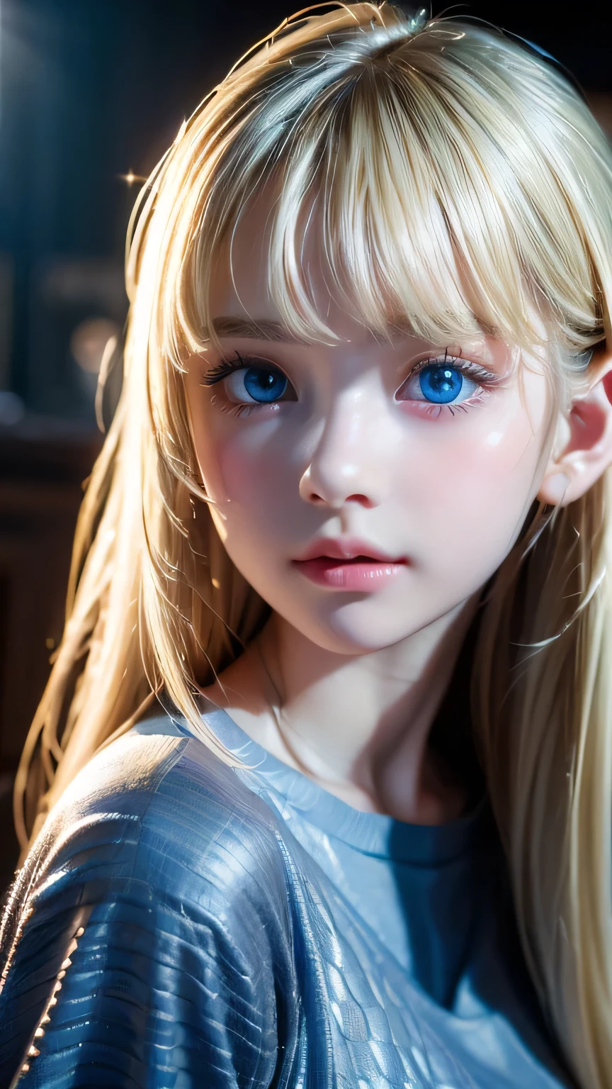 Dressed、(Photorealistic:1.4)、(Hyper-realistic:1.4)、(Realistic:1.3)、(Smooth lighting:1.05)、(Improved cinematic lighting quality:0.9)、32K、1 Girl、Very cute expression、A beautiful  blonde girl、Realistic top lighting、Backlight、Face Light、super long platinum blonde silky hair、、Beautiful bangs、bangs over eyes、Ray tracing、(Bright light:1.2)、(quality improvement:1.4)、(Highest quality realistic textured skin:1.4)、Very beautiful detailed large shining light blue eyes、Very big eyes、Detailed face、A careful eye for quality、(Tired, sleepy and satisfied: 0.0)、Face close up、T-Shirts、(Enhances the body line:1.1)、(Enhances the beauty of skin texture:1.1)、Cheek gloss highlight、Small Face Beauty、Round face