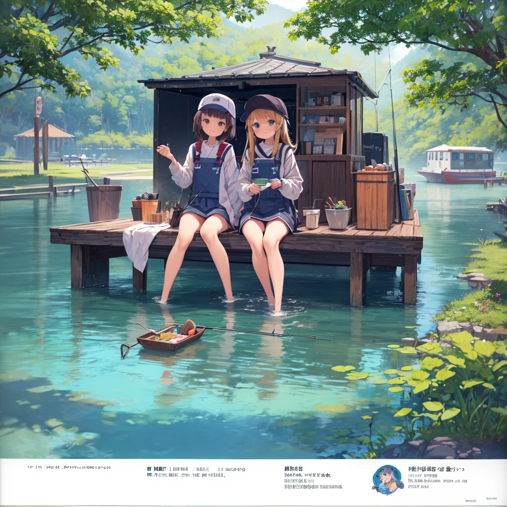 masterpiece、highest quality、High resolution、Very detailed、Medium wide shot、Girl、Fishing、Phishing、Ocean、Embankment、horizontal line、hat、fishing rod、bucket、smile、Life jacket、、Tetra Pot、With friends、