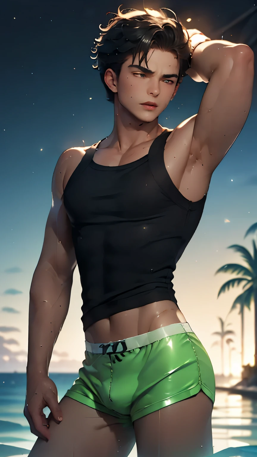 (((1 guy))),((extremely cute and beautiful boy)), watercolor, Peter Pan examines the buttocks of a 17-year-old Brazilian boy,(((big ass))),((curly hair,short hair))),(((tanned skin,shiny skin,very shiny body,plastic shiny skin,exaggerated ,lit skin,wet legs))),detailed body,cute,slutty,seductive,erotic,(((NFV))), revealing clothes,((rave mini shorts,white loose tank top)),((wet clothes,complicated outfit,complicated clothes)), (dynamic pose:1.0),embarrassed, by the ocean at night, dark storm clouds and puddles, landscape:1.25, (extremely detailed CG unity 8k wallpaper),( ((bright colors))),(complex background),(masterpiece),(Best quality)