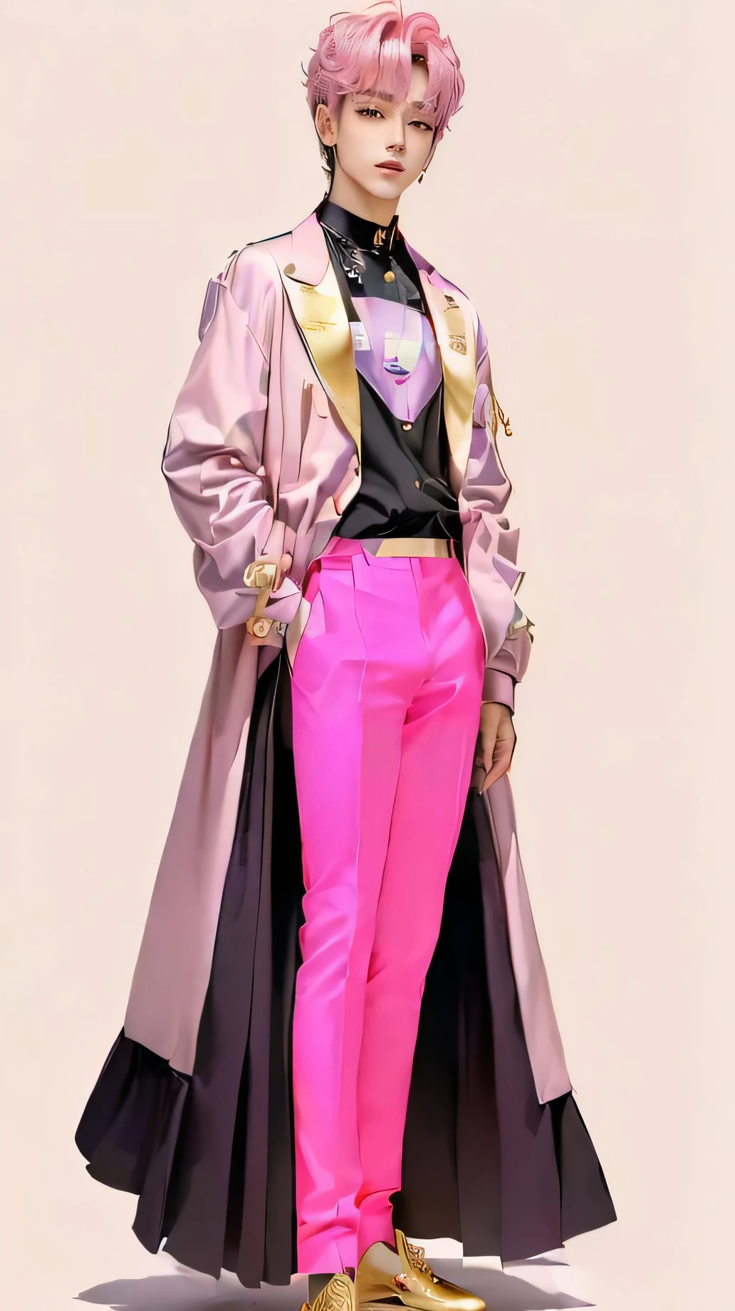 (((Full body image from feet to head of young single very handsome 19 year old man, o homem mais bonito do mundo!!))) ((hair is short hot pink))), ((His skin is very white like that of a vampire)), ((olhos cor rosa)), ((corpo delgado, altura de 1.82 metros de altura, estilo anime)), (((astro de k-pop, inspirado em Jeon Jeongguk da banda BTS, inspirado em Yoon Sanha do grupo de Kpop Astro!! handsome androgynous prince, delicate androgynous prince))),((he is smiling!)), (((wearing cute clothes has plush details, predominant color is pink and gold, cypherpunk fashion illustration, traje real akira, posando como um personagem jojo, corpo todo with costume, corpo todo!! detalhes maximalistas, androginia, ((vestindo manto aristocrata)), Prince em Pastel!!!!, corpo todo portrait
