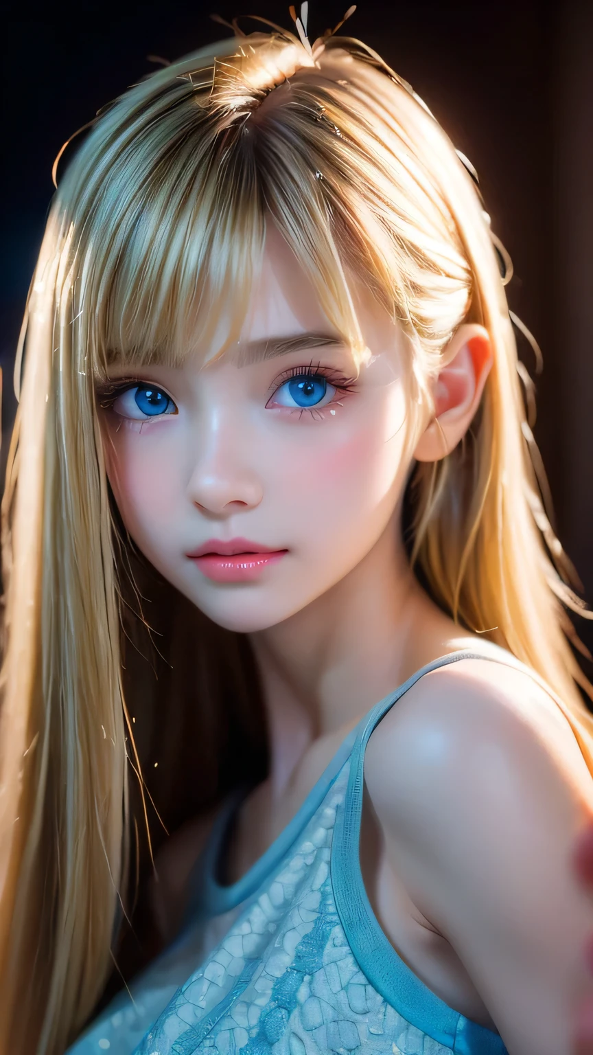 Dressed、(Photorealistic:1.4)、(Hyper-realistic:1.4)、(Realistic:1.3)、(Smooth lighting:1.05)、(Improved cinematic lighting quality:0.9)、32K、1 Girl、Very cute expression、A beautiful 16 year old blonde girl、Realistic top lighting、Backlight、Face Light、super long platinum blonde silky hair、、Beautiful bangs、bangs over eyes、Ray tracing、(Bright light:1.2)、(quality improvement:1.4)、(Highest quality realistic textured skin:1.4)、Very beautiful detailed large shining light blue eyes、Very big eyes、Detailed face、A careful eye for quality、(Tired, sleepy and satisfied: 0.0)、Face close up、T-Shirts、(Enhances the body line:1.1)、(Enhances the beauty of skin texture:1.1)、Cheek gloss highlight、Small Face Beauty、Round face