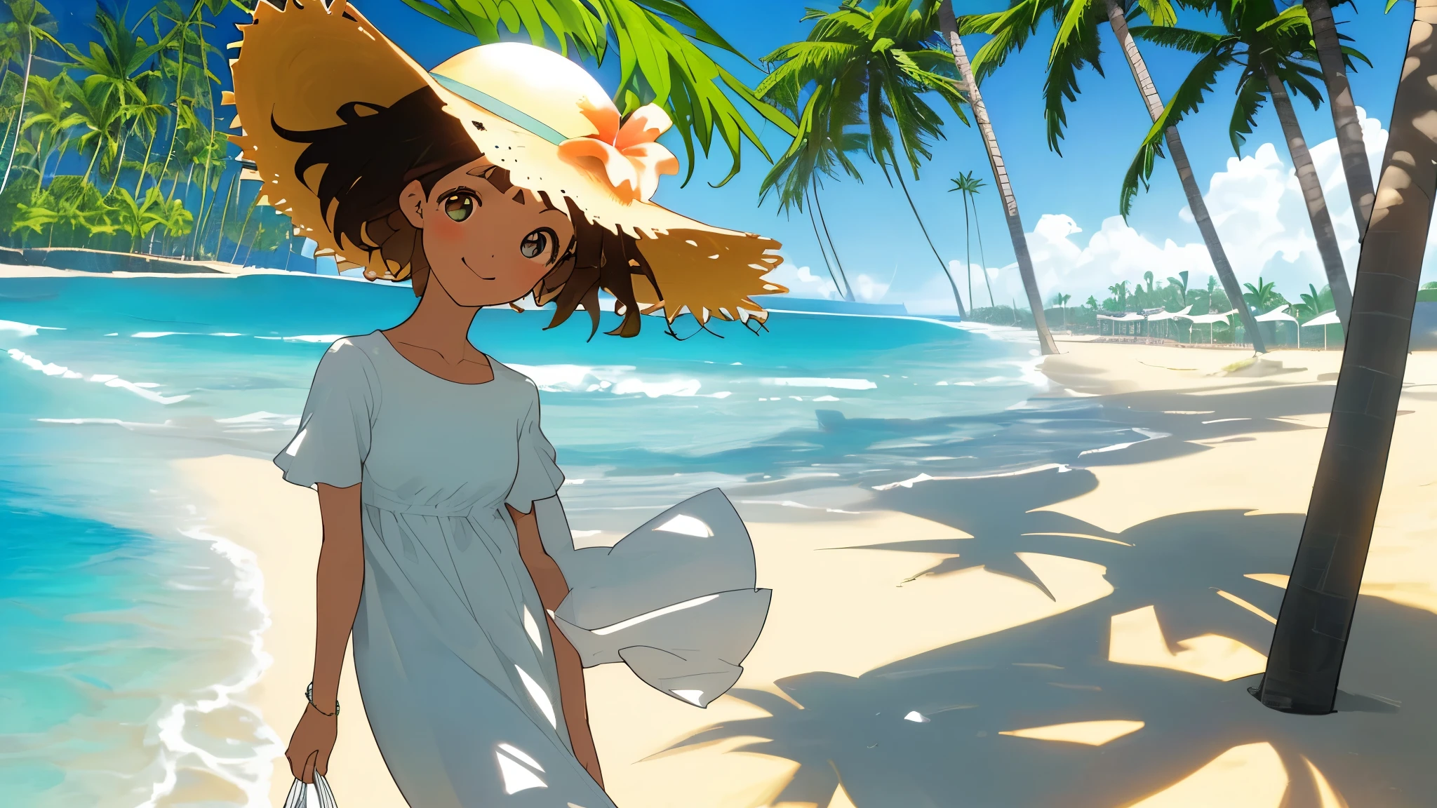 Hawaiian Coast、One Woman、A woman is walking along the shore、Straw hat、White dress、detailed、sunshine、Bright atmosphere、Palm tree、detailedな姿、Perfect Face、Cute eyes、detailedな顔