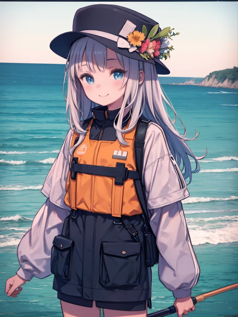 masterpiece、highest quality、High resolution、Very detailed、Medium wide shot、Girl、Fishing、Phishing、Ocean、Embankment、horizontal line、hat、smile、Life jacket、、