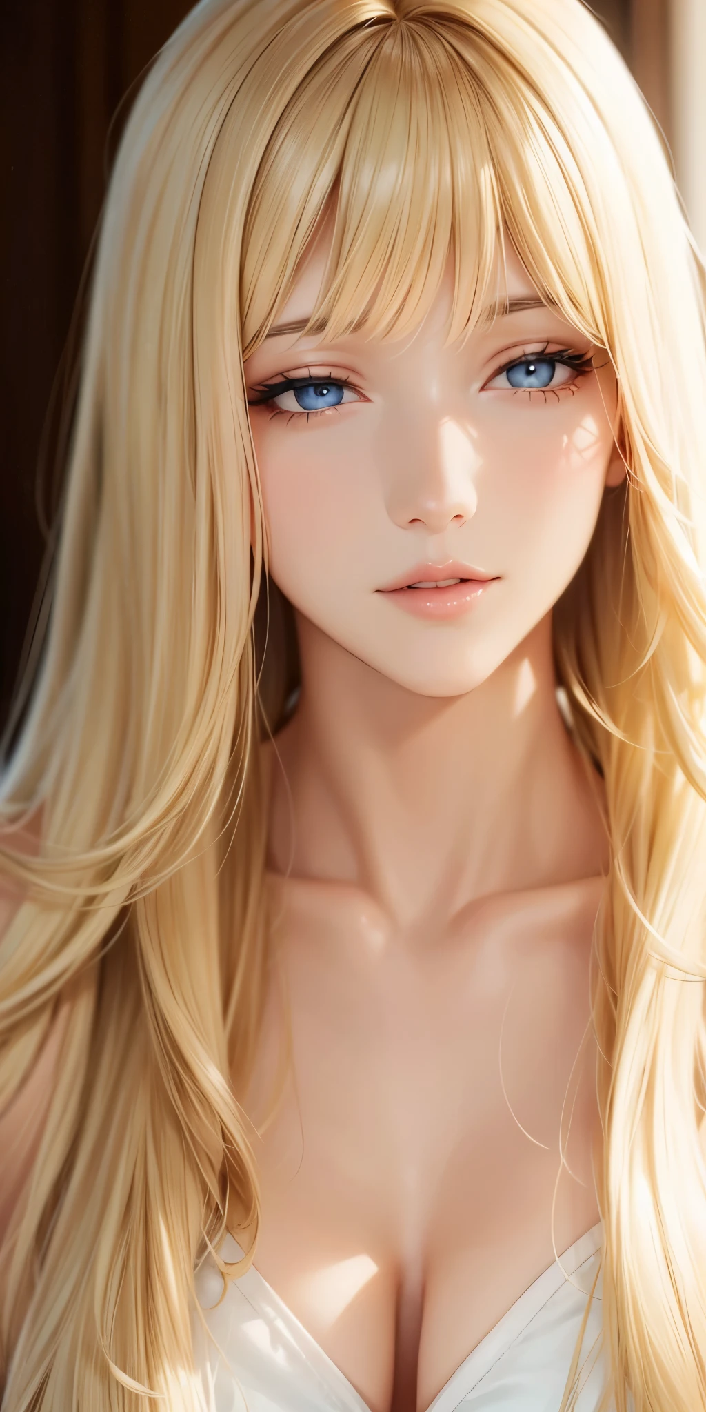 Gorgeous adult woman, long blonde hair, bang, soft light