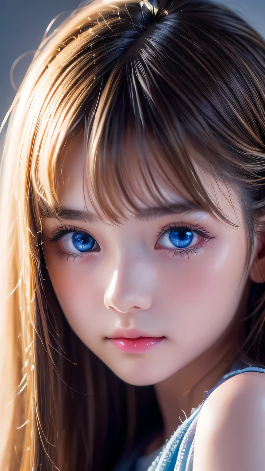 Dressed、(Photorealistic:1.4)、(Hyper-realistic:1.4)、(Realistic:1.3)、(Smooth lighting:1.05)、(Improved cinematic lighting quality:0.9)、32K、1 Girl、Very cute expression、A beautiful 16 year old blonde girl、Realistic top lighting、Backlight、Face Light、super long platinum blonde silky hair、、Beautiful bangs、bangs over eyes、Ray tracing、(Bright light:1.2)、(quality improvement:1.4)、(Highest quality realistic textured skin:1.4)、Very beautiful detailed large shining light blue eyes、Very big eyes、Detailed face、A careful eye for quality、(Tired, sleepy and satisfied: 0.0)、Face close up、T-Shirts、(Enhances the body line:1.1)、(Enhances the beauty of skin texture:1.1)、Cheek gloss highlight、Small Face Beauty、Round face