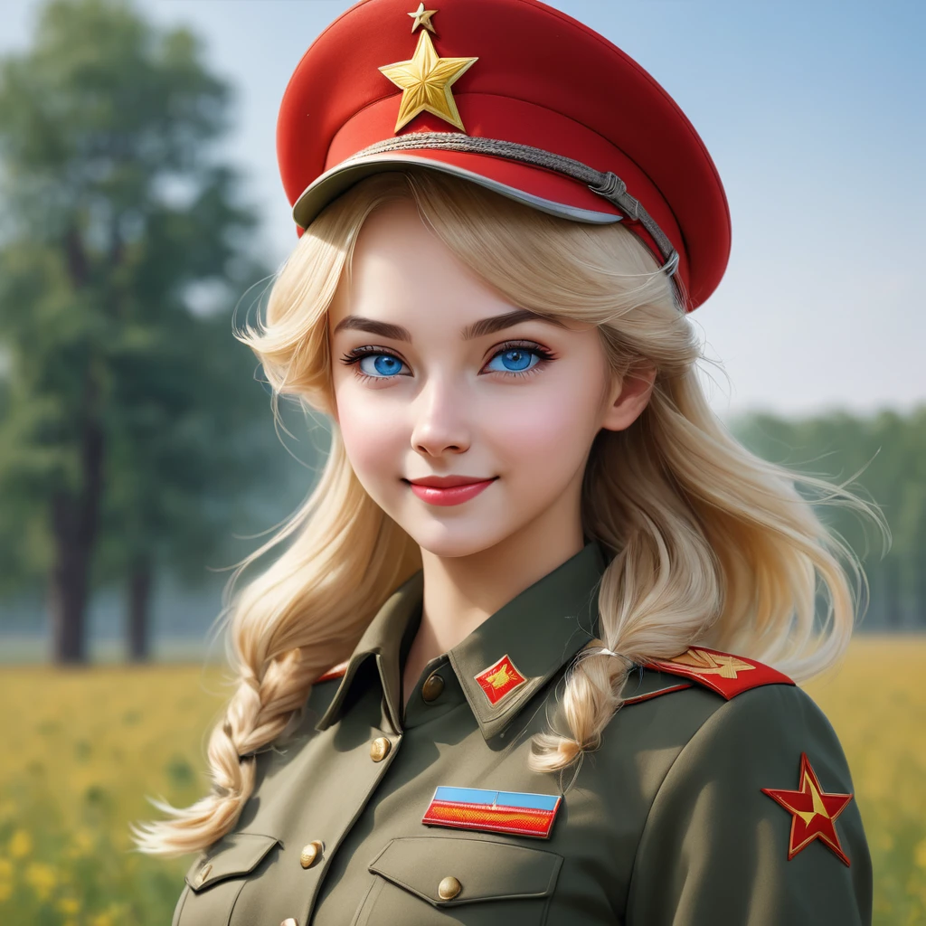 1 girl, One, Soviet Military Uniform, dynamic pose, Best quality, high quality, a high resolution, masterpiece, I look at the viewer, facing the viewer,, source_аниме BREAK 1girl, One,Soviet Military Uniform, soviet cap, belt, Blonde hair, square, Look at the viewer, emotions, smiling, skirt, Blue eyes, standing on the field