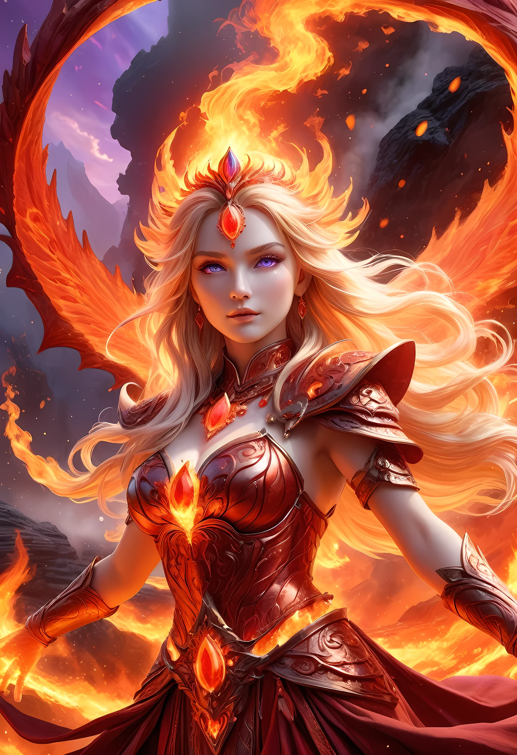 high details, best quality, 16k, [ultra detailed], masterpiece, best quality, (extremely detailed), full body, ultra wide shot, photorealistic, fantasy art, dnd art, rpg art, realistic art, an ultra wide picture of a female human (intricate details, Masterpiece, best quality: 1.5) goddess of fire  ((fiery radiant aura)), controlling a swirling red fire, fiery red radiant magic (1.5 intricate details, Masterpiece, best quality), manipulating purple radiant magical symbols, [[divine symbols]] (intricate details, Masterpiece, best quality: 1.5), human female, blond hair, long hair with aura, hair with red radiant eyes, intense eyes, ((radiant eyes)), (( red glowing eyes)), dynamic clothing, fantasy volcano back ground, stresms of lava,  celestial  background, ((divine worship atmosphere)), high details, best quality, highres, ultra wide angle, faize, 
