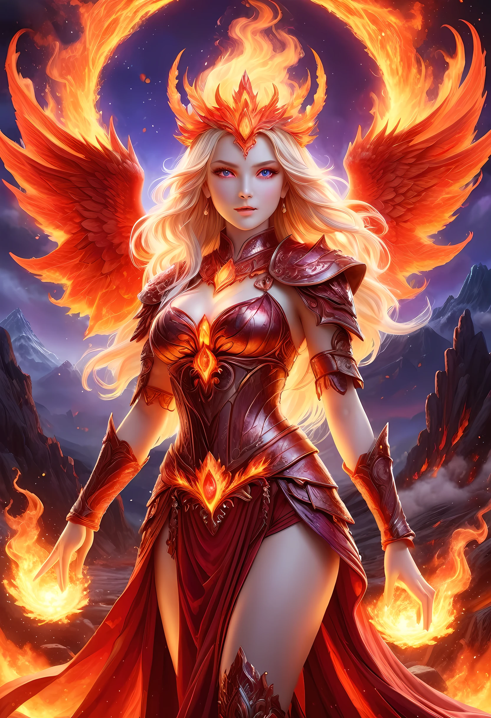 high details, best quality, 16k, [ultra detailed], masterpiece, best quality, (extremely detailed), full body, ultra wide shot, photorealistic, fantasy art, dnd art, rpg art, realistic art, an ultra wide picture of a female human (intricate details, Masterpiece, best quality: 1.5) goddess of fire  ((fiery radiant aura)), controlling a swirling red fire, fiery red radiant magic (1.5 intricate details, Masterpiece, best quality), manipulating purple radiant magical symbols, [[divine symbols]] (intricate details, Masterpiece, best quality: 1.5), human female, blond hair, long hair with aura, hair with red radiant eyes, intense eyes, ((radiant eyes)), (( red glowing eyes)), dynamic clothing, fantasy volcano back ground, stresms of lava,  celestial  background, ((divine worship atmosphere)), high details, best quality, highres, ultra wide angle, faize, 
