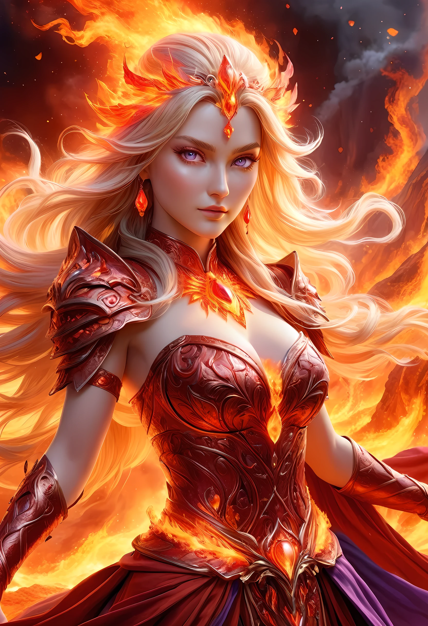 high details, best quality, 16k, [ultra detailed], masterpiece, best quality, (extremely detailed), full body, ultra wide shot, photorealistic, fantasy art, dnd art, rpg art, realistic art, an ultra wide picture of a female human (intricate details, Masterpiece, best quality: 1.5) goddess of fire  ((fiery radiant aura)), controlling a swirling red fire, fiery red radiant magic (1.5 intricate details, Masterpiece, best quality), manipulating purple radiant magical symbols, [[divine symbols]] (intricate details, Masterpiece, best quality: 1.5), human female, blond hair, long hair with aura, hair with red radiant eyes, intense eyes, ((radiant eyes)), (( red glowing eyes)), dynamic clothing, fantasy volcano back ground, stresms of lava,  celestial  background, ((divine worship atmosphere)), high details, best quality, highres, ultra wide angle, faize, 
