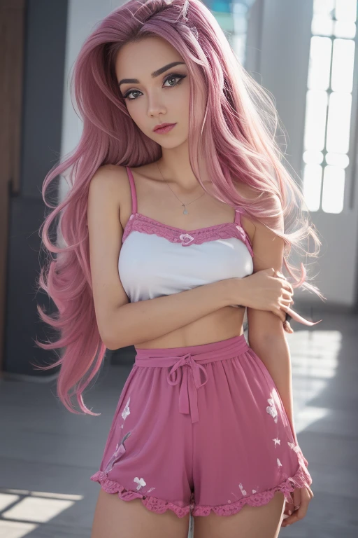 (La mejor calidad, 4k, 8k, Altas Resoluciones, Obra maestra:1.2), Ultra detallado, cara detallada, Labios y ojos detallados..........., lindo maquillaje , aspecto atractivo, Rostro expresivo, realista,
Romper ,Beautiful Caucasian woman with shoulder length messy wavy pink hair, , Grandes ojos azules, piel clara, slim and athletic, cabello que cubre un ojo,
Romper (dynamic pose), senos grandes , excited expression, Luz solar suave iluminando la escena, Sutil movimiento del viento en el cabello, happy expression, gloomy atmosphere, afable, Natural lighting that emphasizes your features..........., Subtle shadows that add depth and dimension to the image..........., (maduro) ruidosa, mlp Fluttershy , ropa grunge , pelo rosa , cabello rosa