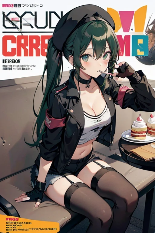 (from below:1.2),(from side:0.9), ((cute Face)), (Close-Up:0.6), ((looking at viewer, holding a icecream)),(magazine cover:1.4), highest quality、(real、photorealistic:1.5),(ultra high resolution, ubel,dark green hair,long hair,side ponytail,hair between eyes,bangs, BREAK (beret, black jacket, open clothes, cleavage, midriff, black shorts, black thighhighs, thigh strap, fingerless gloves, single glove:1.2), (double breasted,under bust:1.2), sitting at a table, cute, anime visual of a cute girl, cute anime girl, eating cakes, young anime girl, guweiz, high quality anime artstyle, anime girl, artwork in the style of guweiz, beautiful anime girl, pretty anime girl, (anime girl), official artwork