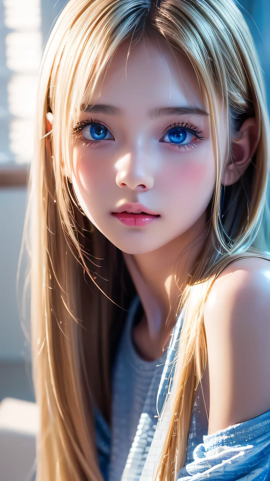 Dressed、(Photorealistic:1.4)、(Hyper-realistic:1.4)、(Realistic:1.3)、(Smooth lighting:1.05)、(Improved cinematic lighting quality:0.9)、32K、1 Girl、Very cute expression、A beautiful 16 year old blonde girl、Realistic top lighting、Backlight、Face Light、super long platinum blonde silky hair、、Beautiful bangs、bangs over eyes、Ray tracing、(Bright light:1.2)、(quality improvement:1.4)、(Highest quality realistic textured skin:1.4)、Very beautiful detailed large shining light blue eyes、Very big eyes、Detailed face、A careful eye for quality、(Tired, sleepy and satisfied: 0.0)、Face close up、T-Shirts、(Enhances the body line:1.1)、(Enhances the beauty of skin texture:1.1)、Cheek gloss highlight、Small Face Beauty、Round face