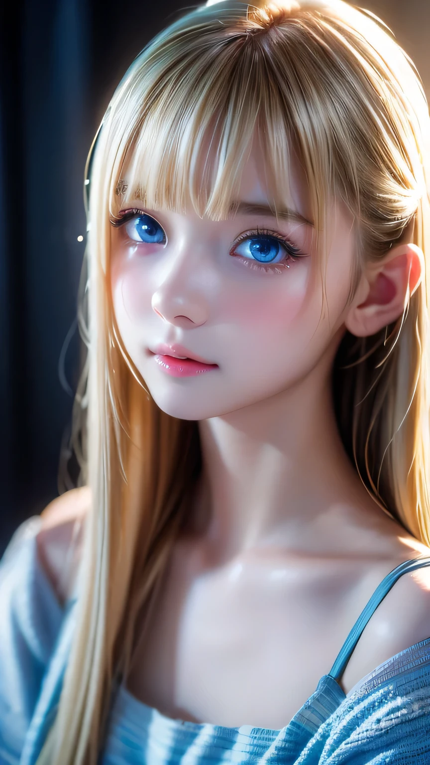 Dressed、(Photorealistic:1.4)、(Hyper-realistic:1.4)、(Realistic:1.3)、(Smooth lighting:1.05)、(Improved cinematic lighting quality:0.9)、32K、1 Girl、Very cute expression、A beautiful 16 year old blonde girl、Realistic top lighting、Backlight、Face Light、super long platinum blonde silky hair、、Beautiful bangs、bangs over eyes、Ray tracing、(Bright light:1.2)、(quality improvement:1.4)、(Highest quality realistic textured skin:1.4)、Very beautiful detailed large shining light blue eyes、Very big eyes、Detailed face、A careful eye for quality、(Tired, sleepy and satisfied: 0.0)、Face close up、T-Shirts、(Enhances the body line:1.1)、(Enhances the beauty of skin texture:1.1)、Cheek gloss highlight、Small Face Beauty、Round face