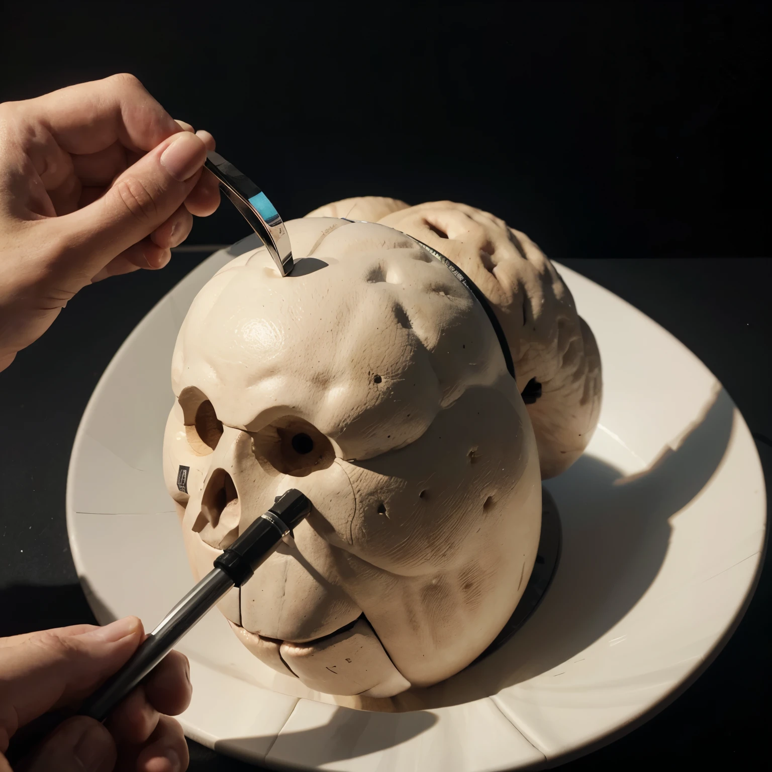 3d drawing of a human brain with stick drawing body, using a magnifying glass in his hand with black background 