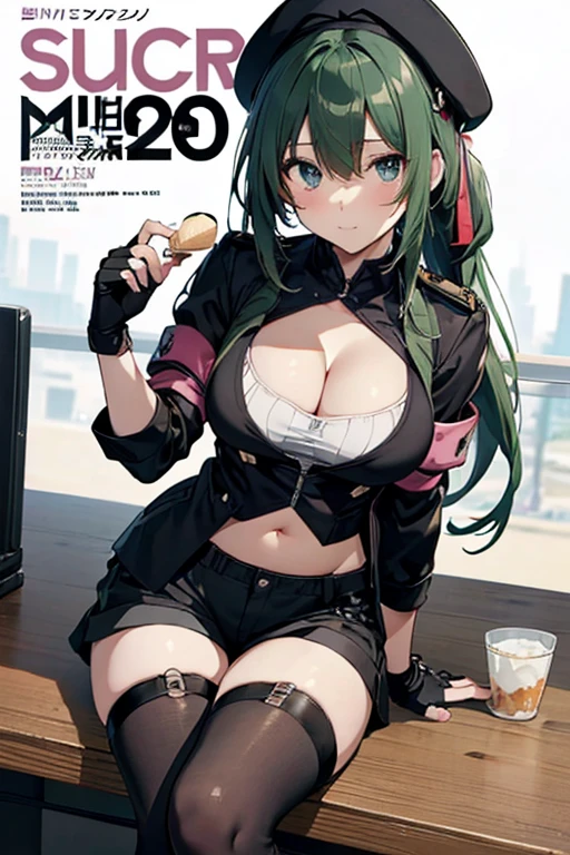 (from below:1.2),(from side:0.9), ((cute Face)), (Close-Up:0.6), ((looking at viewer, holding a icecream)),(magazine cover:1.4), highest quality、(real、photorealistic:1.5),(ultra high resolution, ubel,dark green hair,long hair,side ponytail,hair between eyes,bangs, (beret, black jacket, open clothes, cleavage, midriff, black shorts, black thighhighs, thigh strap, fingerless gloves, single glove:1.2), (double breasted,under bust:1.2), sitting at a table, cute, anime visual of a cute girl, cute anime girl, eating cakes, young anime girl, guweiz, high quality anime artstyle, anime girl, artwork in the style of guweiz, beautiful anime girl, pretty anime girl, (anime girl), official artwork