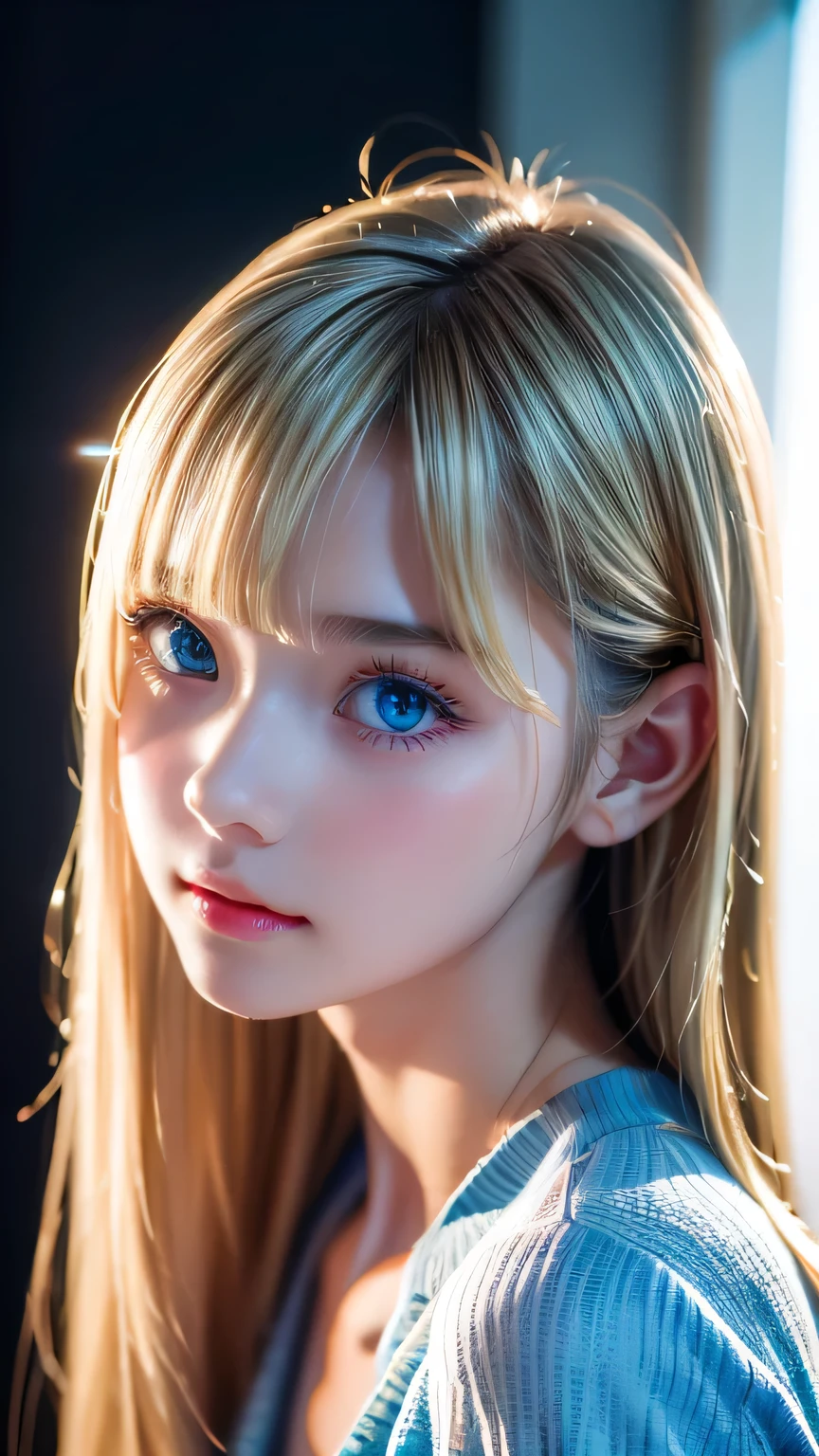 Dressed、(Photorealistic:1.4)、(Hyper-realistic:1.4)、(Realistic:1.3)、(Smooth lighting:1.05)、(Improved cinematic lighting quality:0.9)、32K、1 Girl、Very cute expression、A beautiful 16 year old blonde girl、Realistic top lighting、Backlight、Face Light、super long platinum blonde silky hair、、Beautiful bangs、bangs over eyes、Ray tracing、(Bright light:1.2)、(quality improvement:1.4)、(Highest quality realistic textured skin:1.4)、Very beautiful detailed large shining light blue eyes、Very big eyes、Detailed face、A careful eye for quality、(Tired, sleepy and satisfied: 0.0)、Face close up、T-Shirts、(Enhances the body line:1.1)、(Enhances the beauty of skin texture:1.1)、Cheek gloss highlight、Small Face Beauty、Round face