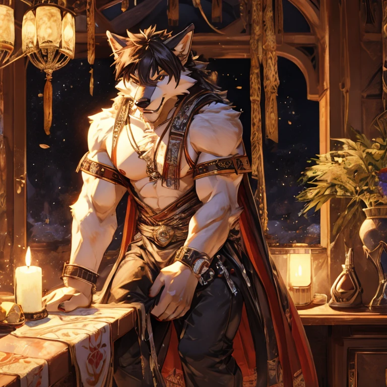 Make the black-furred muscular werewolf monster