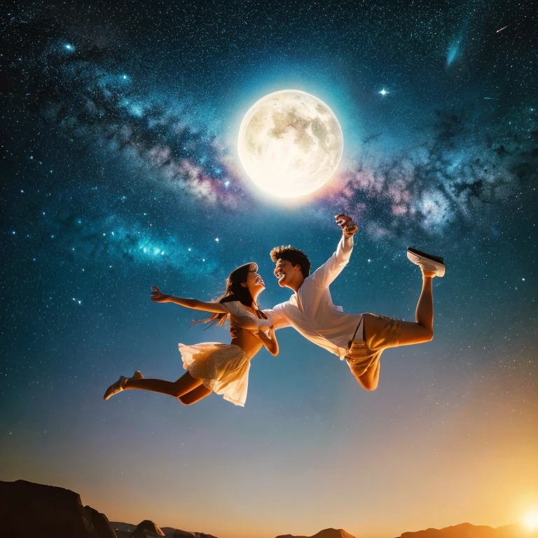 universe、planet、Beauty、2people、Flying in the air、whole body、smile、Show half of your teeth、masterpiece、mysterious