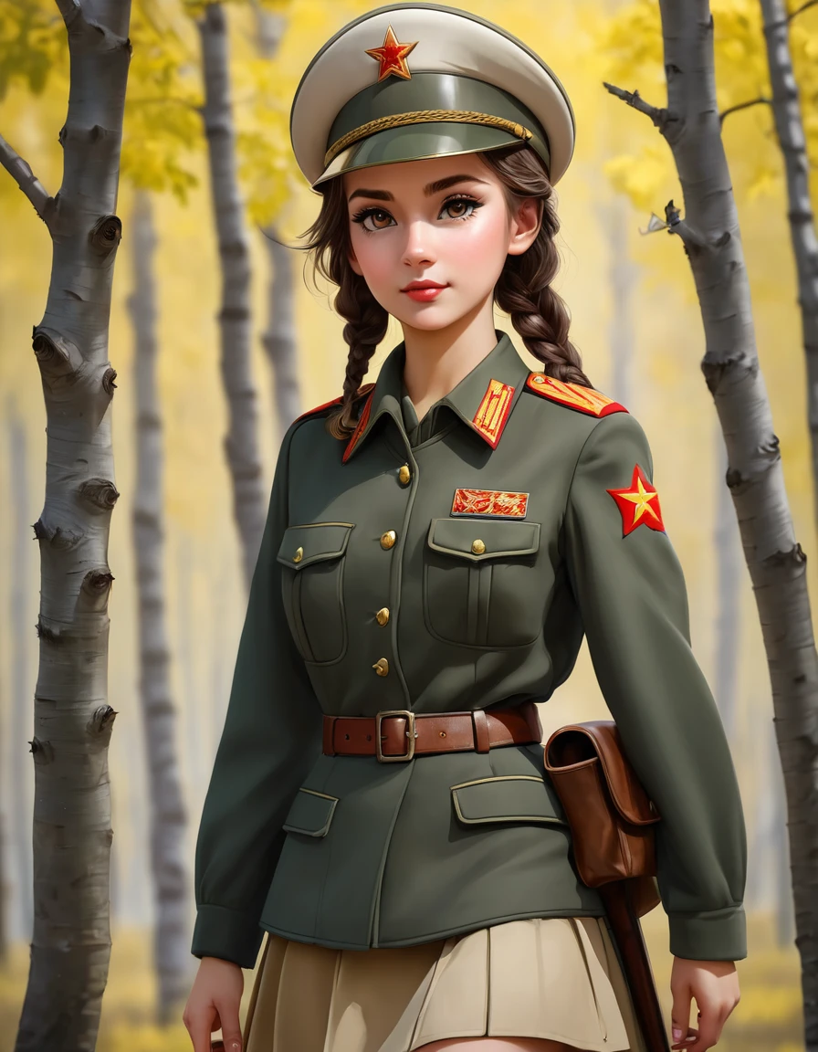 1 girl, One, Soviet Military Uniform, dynamic pose, Best quality, high quality, a high resolution, masterpiece, I look at the viewer, facing the viewer,, source_аниме BREAK 1girl, One,Soviet Military Uniform, soviet cap, belt, brunette, hair braided, Look at the viewer, emotions, skirt, Brown eyes, worth the will of the birches