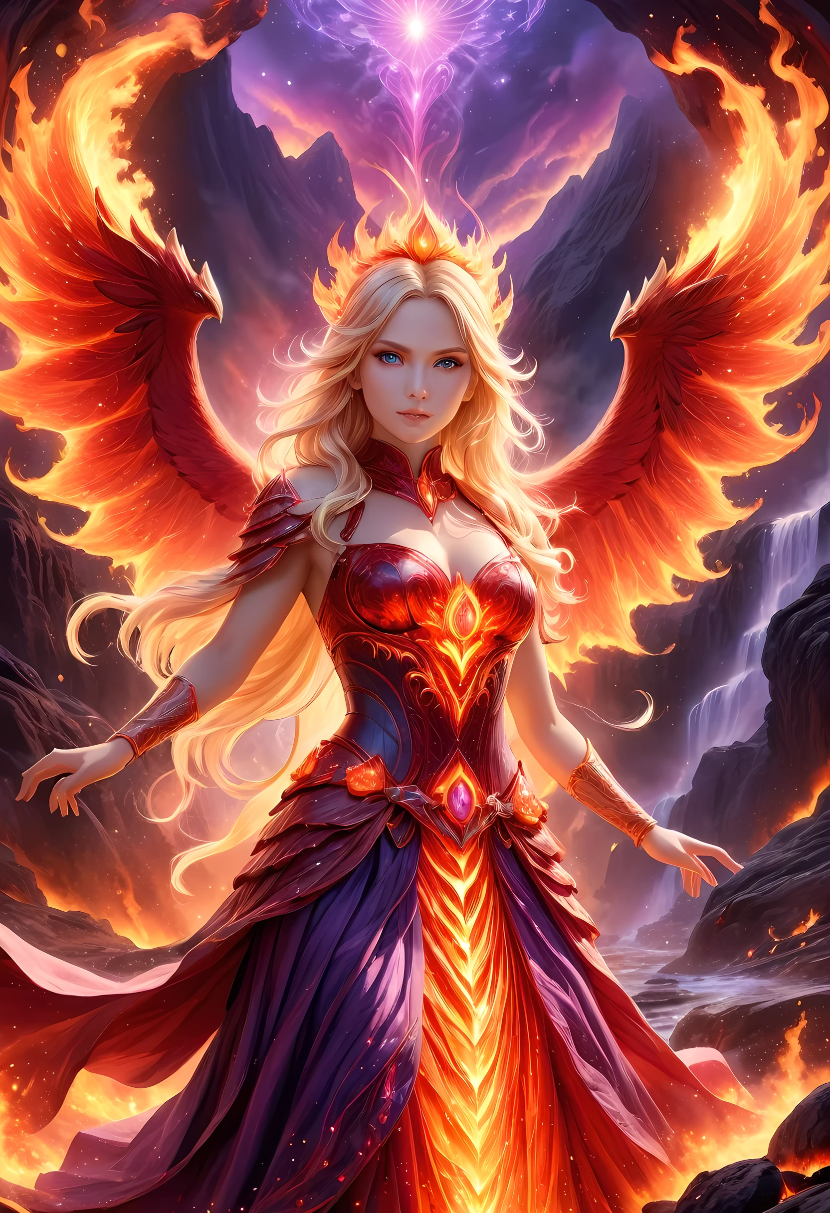 high details, best quality, 16k, [ultra detailed], masterpiece, best quality, (extremely detailed), full body, ultra wide shot, photorealistic, fantasy art, dnd art, rpg art, realistic art, an ultra wide picture of a female human (intricate details, Masterpiece, best quality: 1.5) goddess of fire  ((fiery radiant aura)), controlling a swirling red fire, fiery red radiant magic (1.5 intricate details, Masterpiece, best quality), manipulating purple radiant magical symbols, [[divine symbols]] (intricate details, Masterpiece, best quality: 1.5), human female, blond hair, long hair with aura, hair with red radiant eyes, intense eyes, ((radiant eyes)), (( red glowing eyes)), dynamic clothing, fantasy volcano back ground, stresms of lava,  celestial  background, ((divine worship atmosphere)), high details, best quality, highres, ultra wide angle, faize, bioluminescent dress
