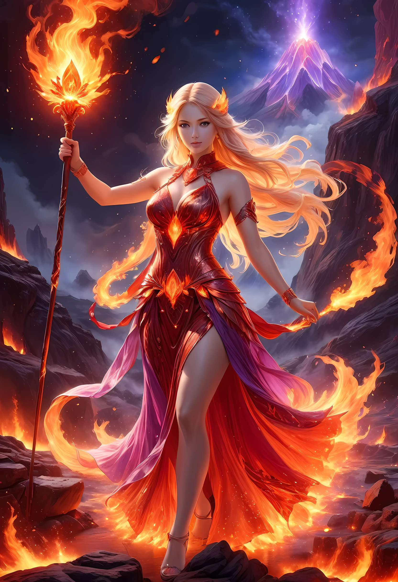 high details, best quality, 16k, [ultra detailed], masterpiece, best quality, (extremely detailed), full body, ultra wide shot, photorealistic, fantasy art, dnd art, rpg art, realistic art, an ultra wide picture of a female human (intricate details, Masterpiece, best quality: 1.5) goddess of fire  ((fiery radiant aura)), controlling a swirling red fire, fiery red radiant magic (1.5 intricate details, Masterpiece, best quality), manipulating purple radiant magical symbols, [[divine symbols]] (intricate details, Masterpiece, best quality: 1.5), human female, blond hair, long hair with aura, hair with red radiant eyes, intense eyes, ((radiant eyes)), (( red glowing eyes)), dynamic clothing, fantasy volcano back ground, stresms of lava,  celestial  background, ((divine worship atmosphere)), high details, best quality, highres, ultra wide angle, faize, bioluminescent dress
