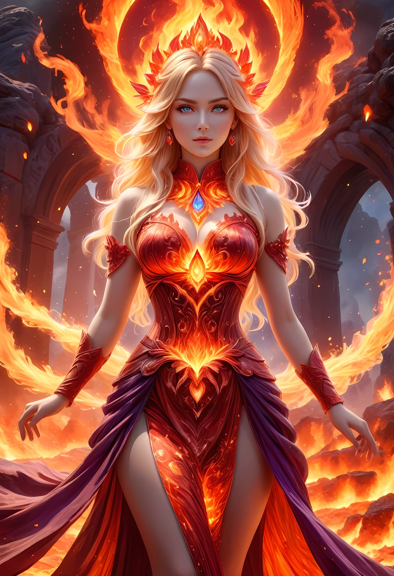 high details, best quality, 16k, [ultra detailed], masterpiece, best quality, (extremely detailed), full body, ultra wide shot, photorealistic, fantasy art, dnd art, rpg art, realistic art, an ultra wide picture of a female human (intricate details, Masterpiece, best quality: 1.5) goddess of fire  ((fiery radiant aura)), controlling a swirling red fire, fiery red radiant magic (1.5 intricate details, Masterpiece, best quality), manipulating purple radiant magical symbols, [[divine symbols]] (intricate details, Masterpiece, best quality: 1.5), human female, blond hair, long hair with aura, hair with red radiant eyes, intense eyes, ((radiant eyes)), (( red glowing eyes)), dynamic clothing, fantasy volcano back ground, stresms of lava,  celestial  background, ((divine worship atmosphere)), high details, best quality, highres, ultra wide angle, faize, bioluminescent dress
